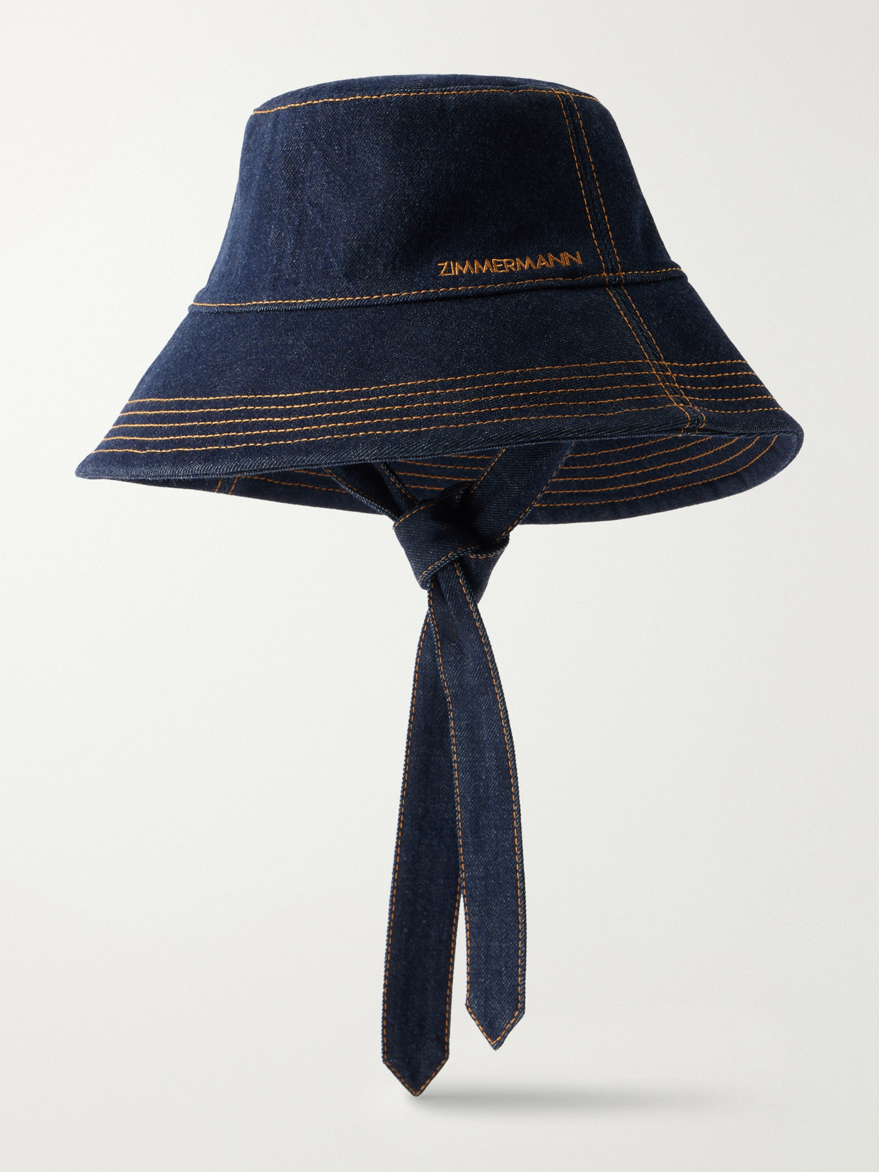 Zimmermann Logo-embroidered Tie-detailed Denim Bucket Hat In Blue