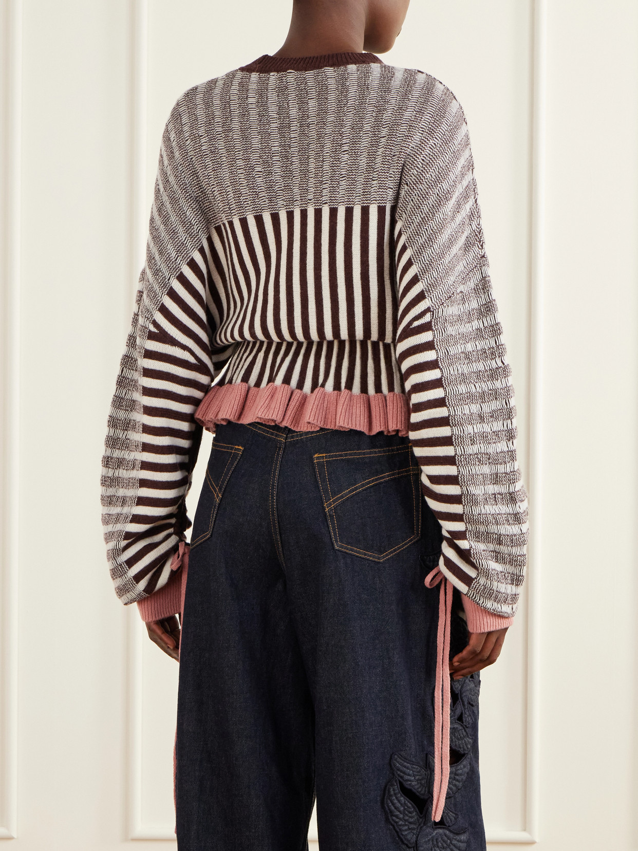 Clash Bow-Detailed Ruffled Striped Merino Wool And Cotton-Blend Sweater