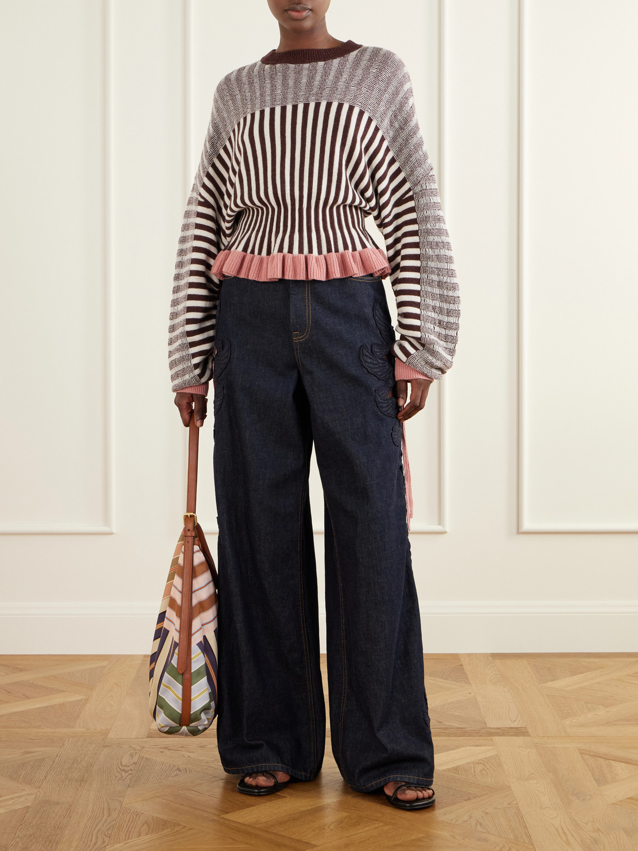 Clash Bow-Detailed Ruffled Striped Merino Wool And Cotton-Blend Sweater