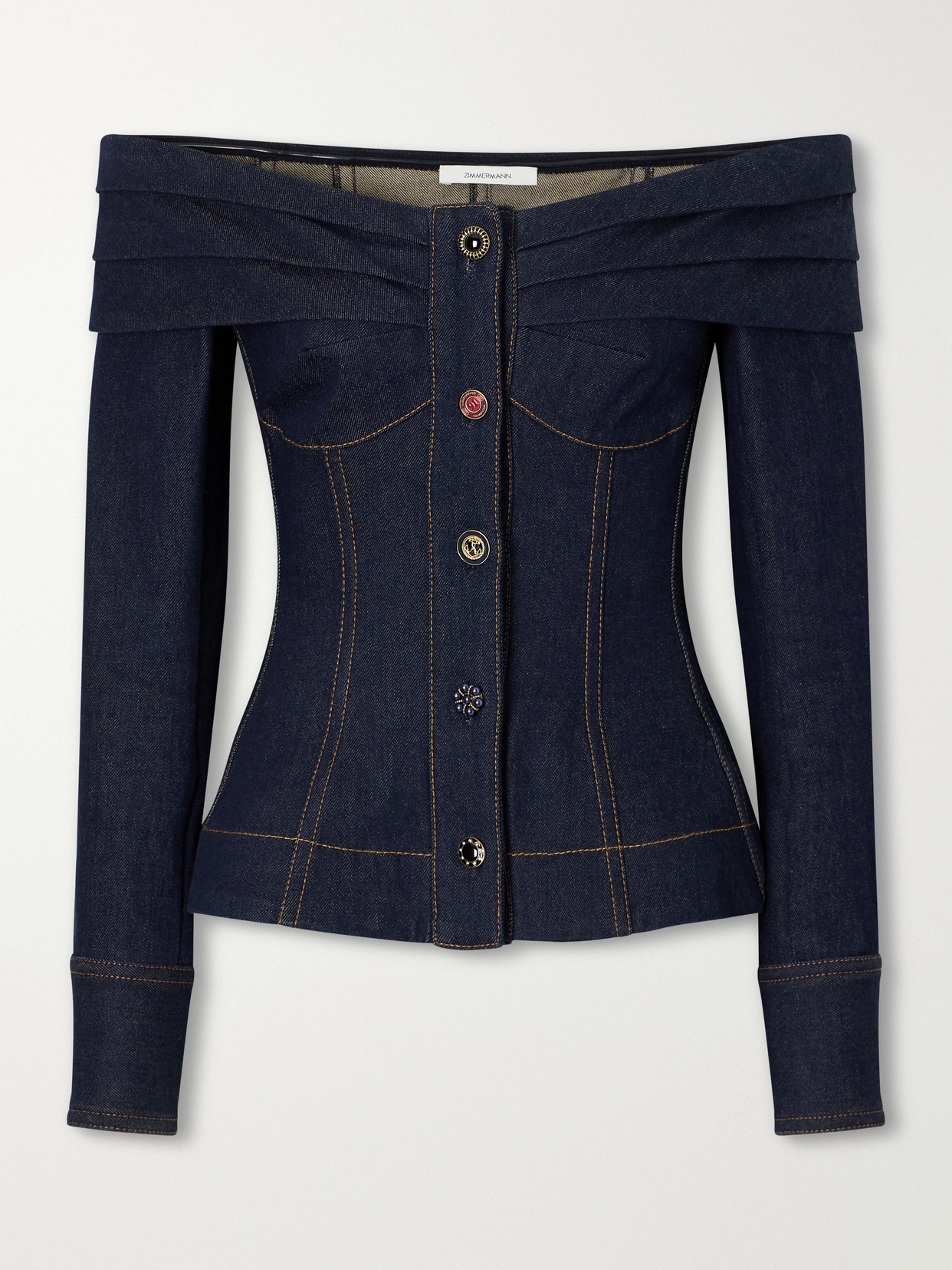 Clash Off-The-Shoulder Pleated Denim Blouse