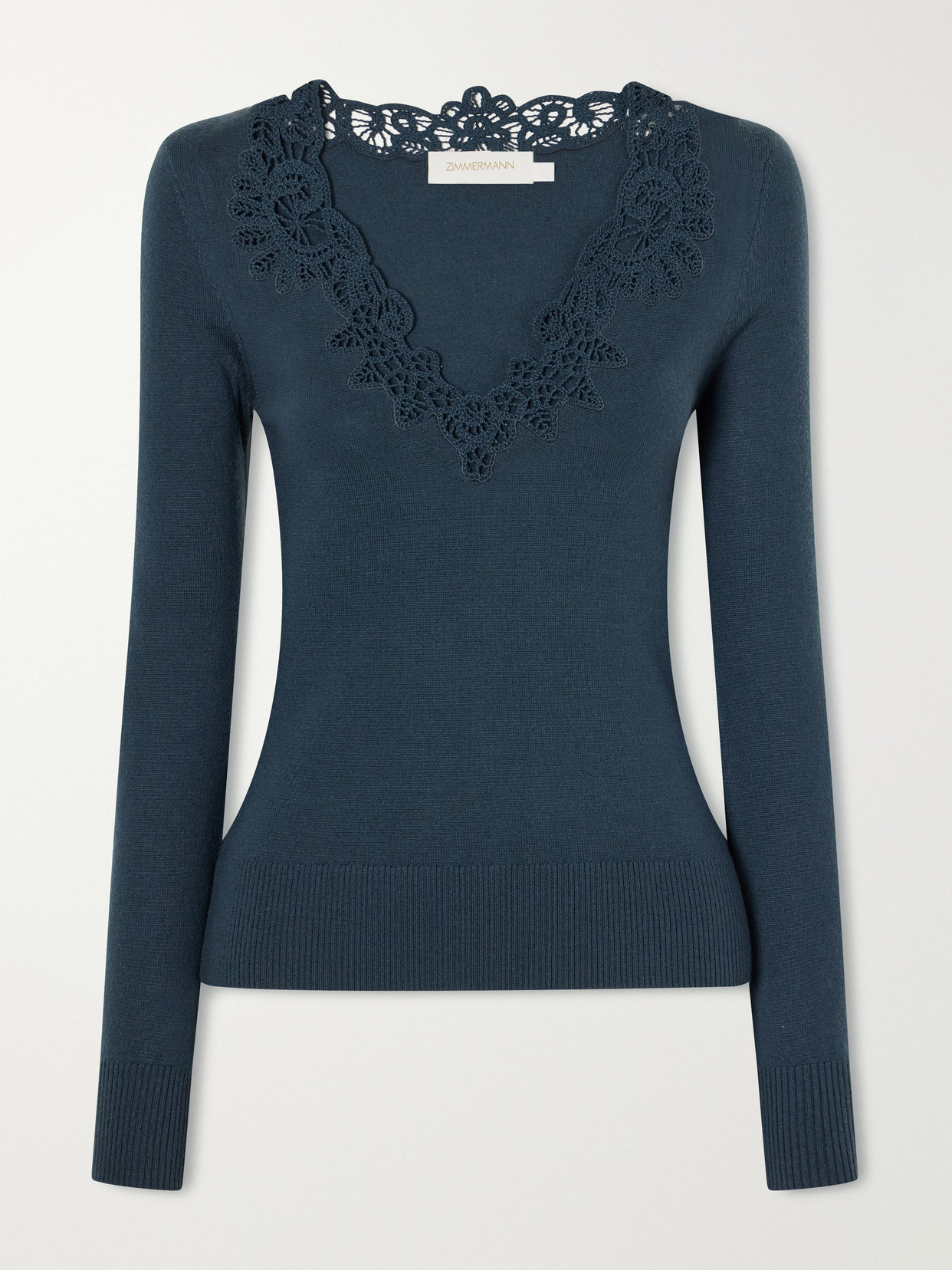 Zimmermann Clash Lace-trimmed Merino Wool Top In Green