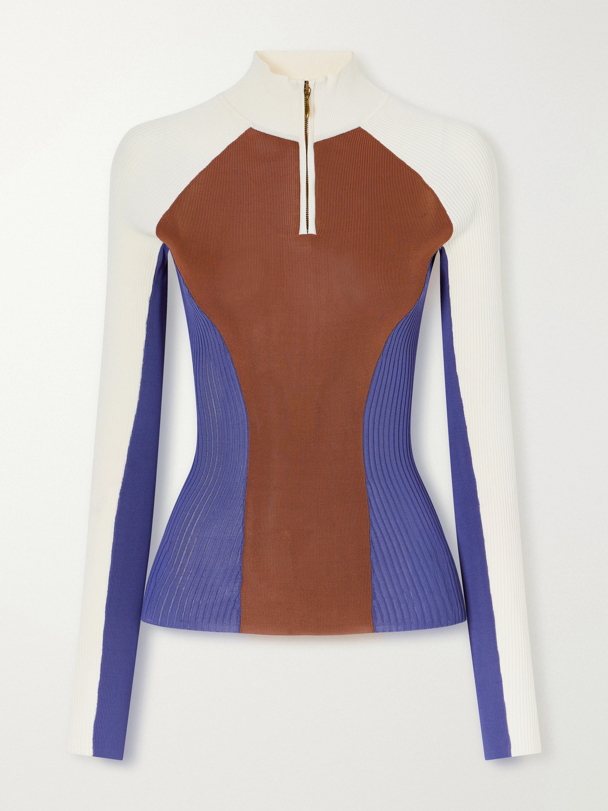 Zimmermann Clash Ribbed Jersey Half-zip Sweater In Brown