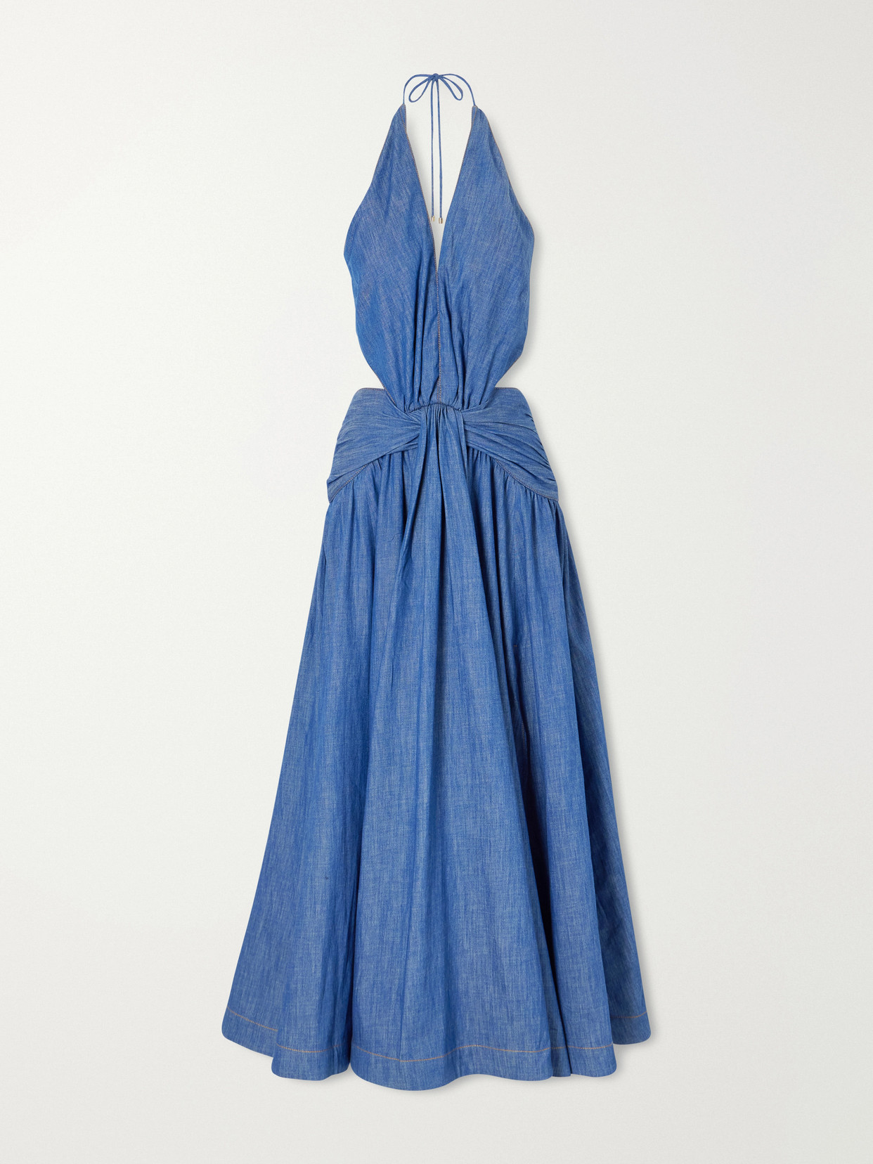 Zimmermann Gathered Denim Halterneck Maxi Dress In Blue