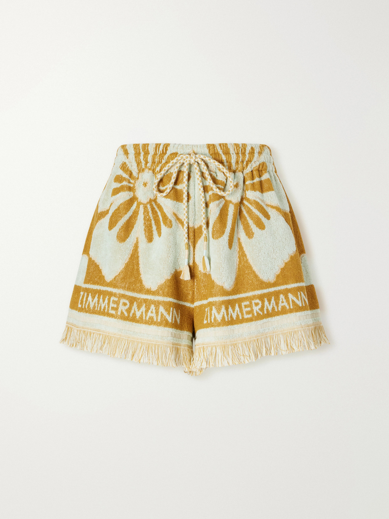 Zimmermann Fairlight Fringe-trimmed Printed Cotton-terry Shorts In Yellow