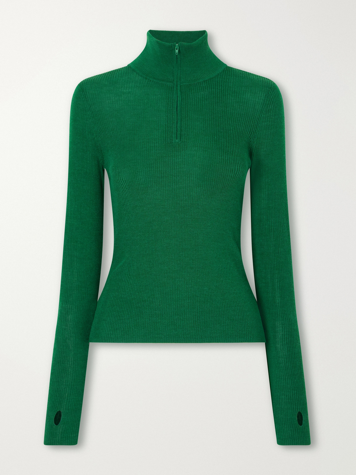 The Frankie Shop Ribbed Half-zip Wool And Silk-blend Sweater In Green