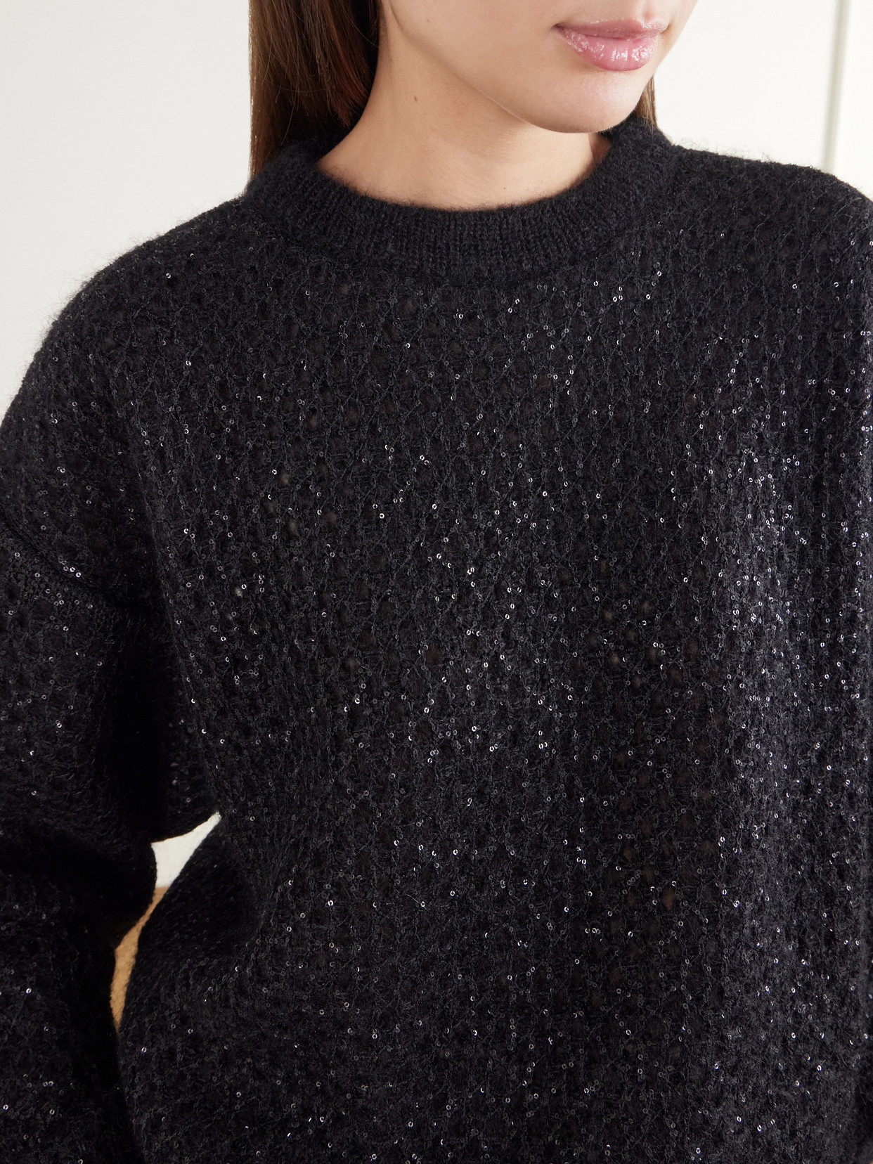 Sequin-Embellished Open-Knit Mohair-Blend Sweater