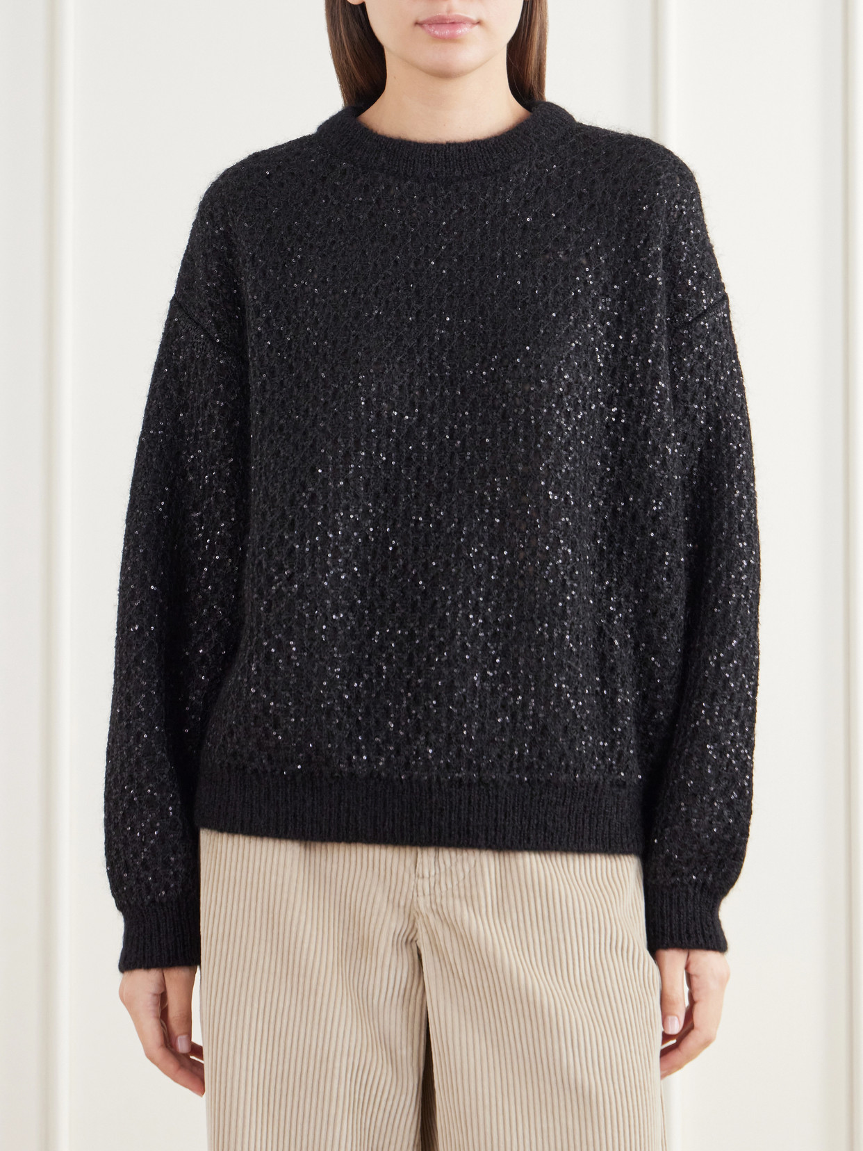 Sequin-Embellished Open-Knit Mohair-Blend Sweater