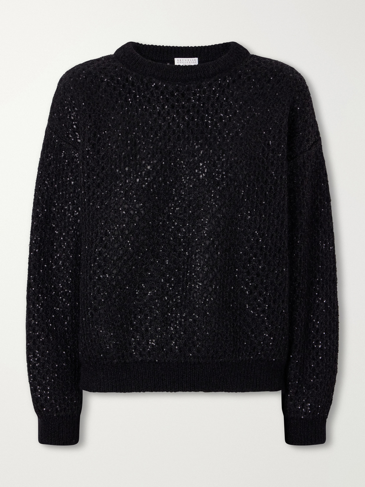 Brunello Cucinelli Sequin-embellished Open-knit Mohair-blend Sweater In Black