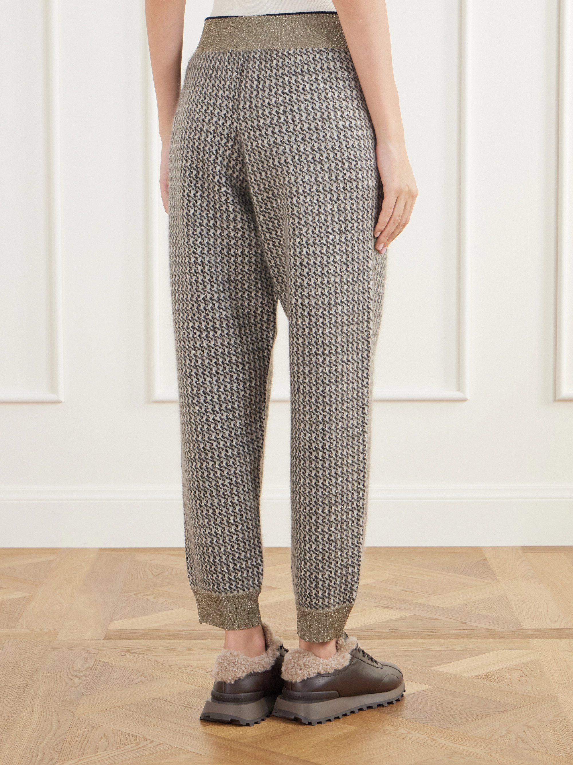 Brunello Cucinelli Rib-trimmed houndstooth tapered sweatpants