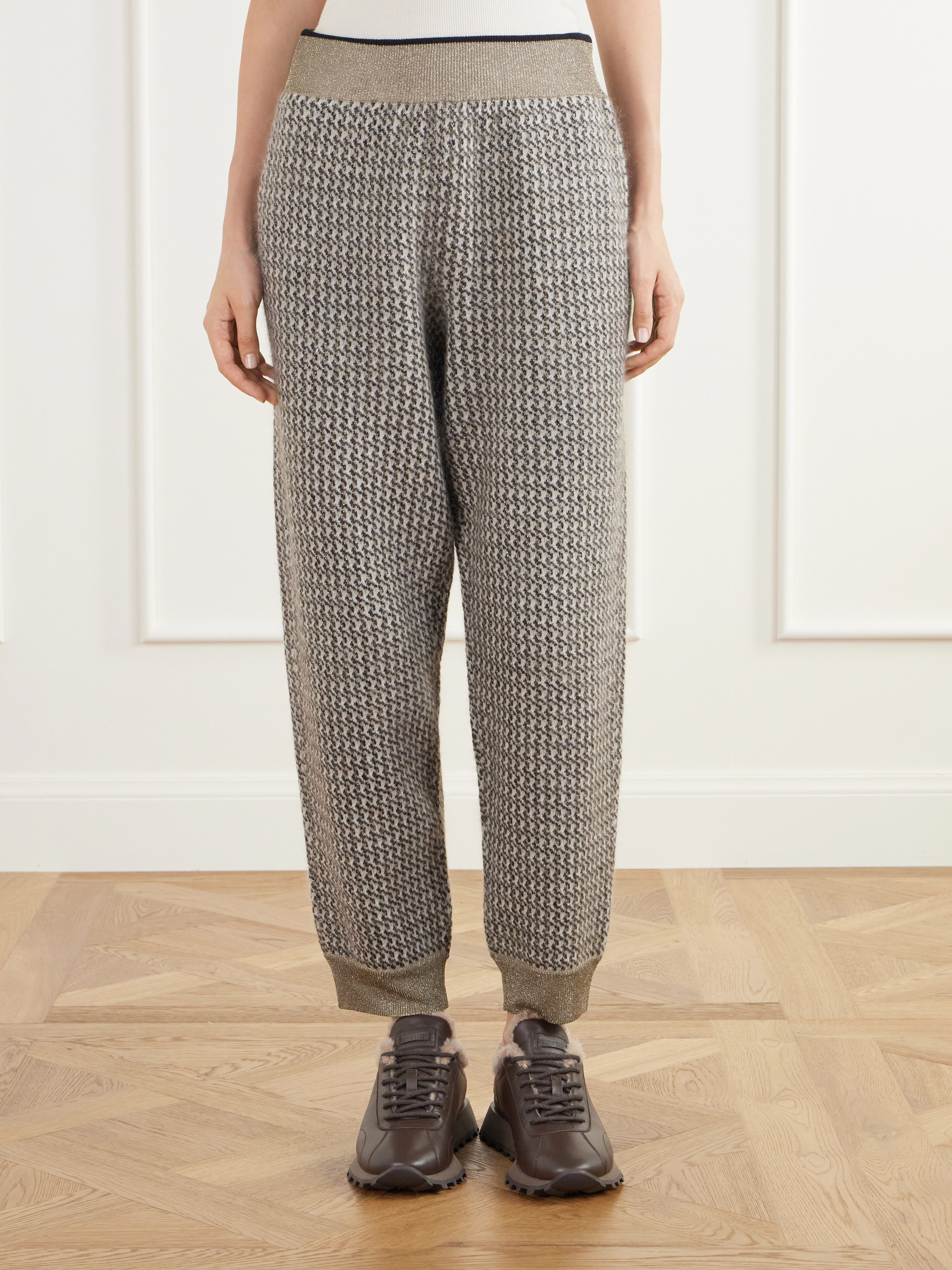 Brunello Cucinelli Rib-trimmed houndstooth tapered sweatpants