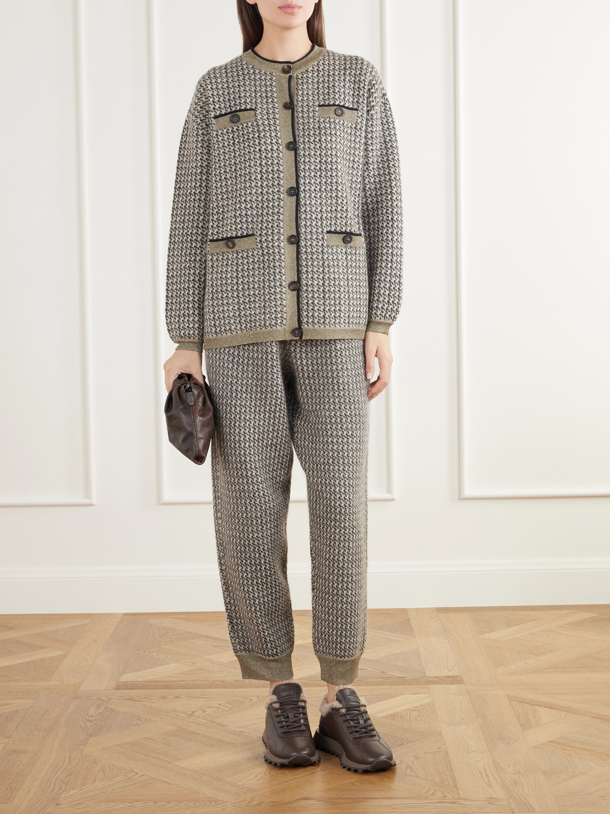 Brunello Cucinelli Rib-trimmed houndstooth tapered sweatpants