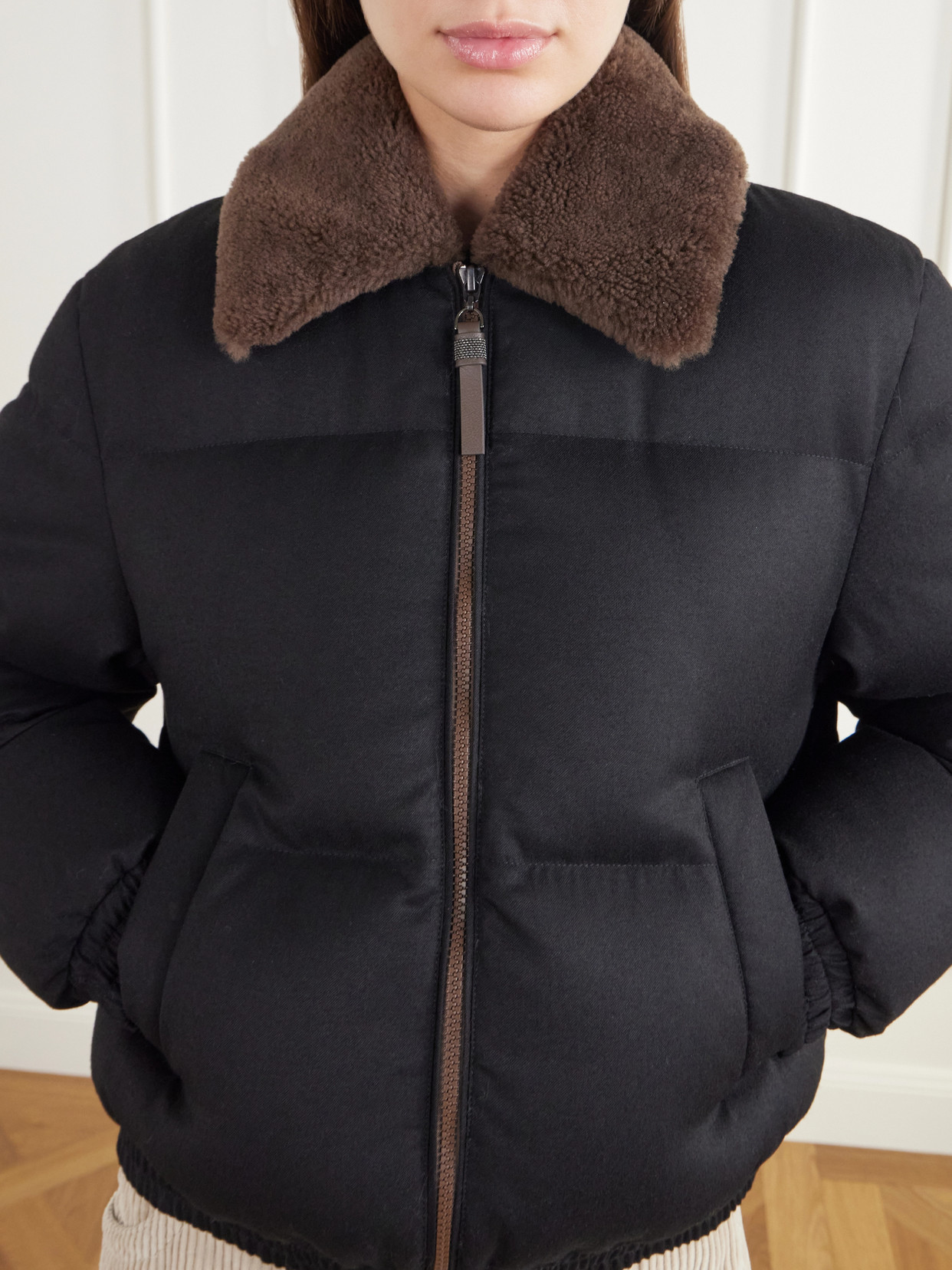 Quilted Shearling-Trimmed Wool-Twill Down Jacket