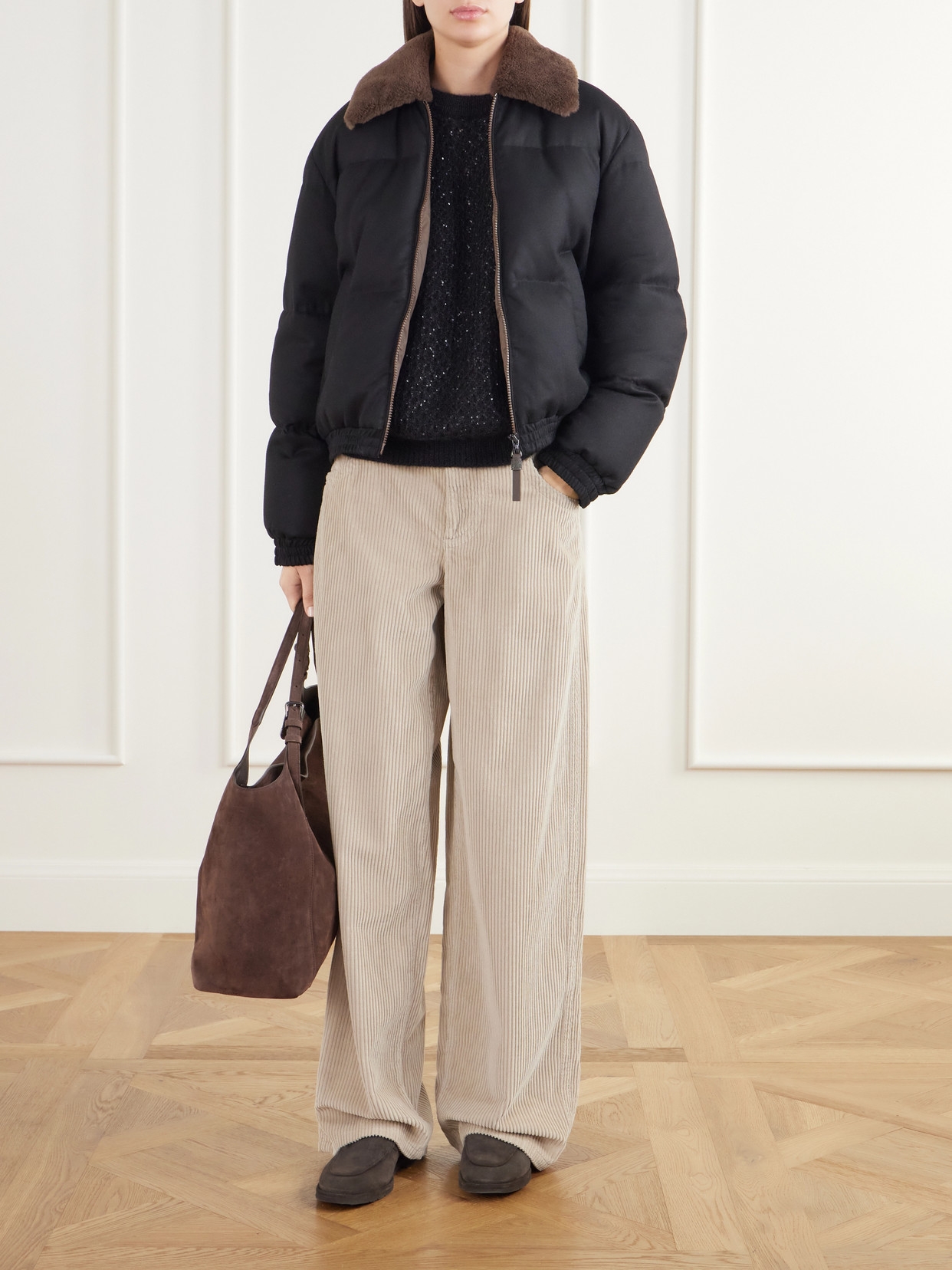 Quilted Shearling-Trimmed Wool-Twill Down Jacket