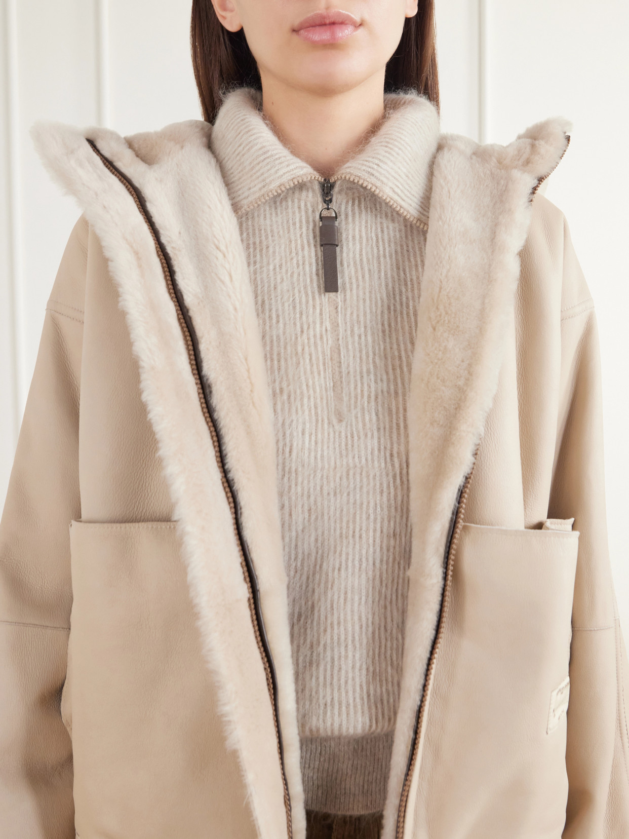 Reversible Hooded Monili-Embellished Leather And Shearling Jacket