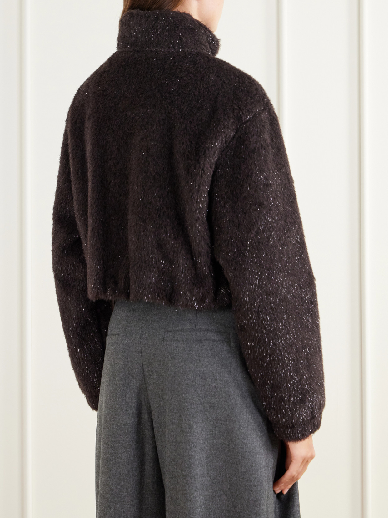 Bead-Embellished Cropped Padded Leather And Shell-Trimmed Plush Jacket