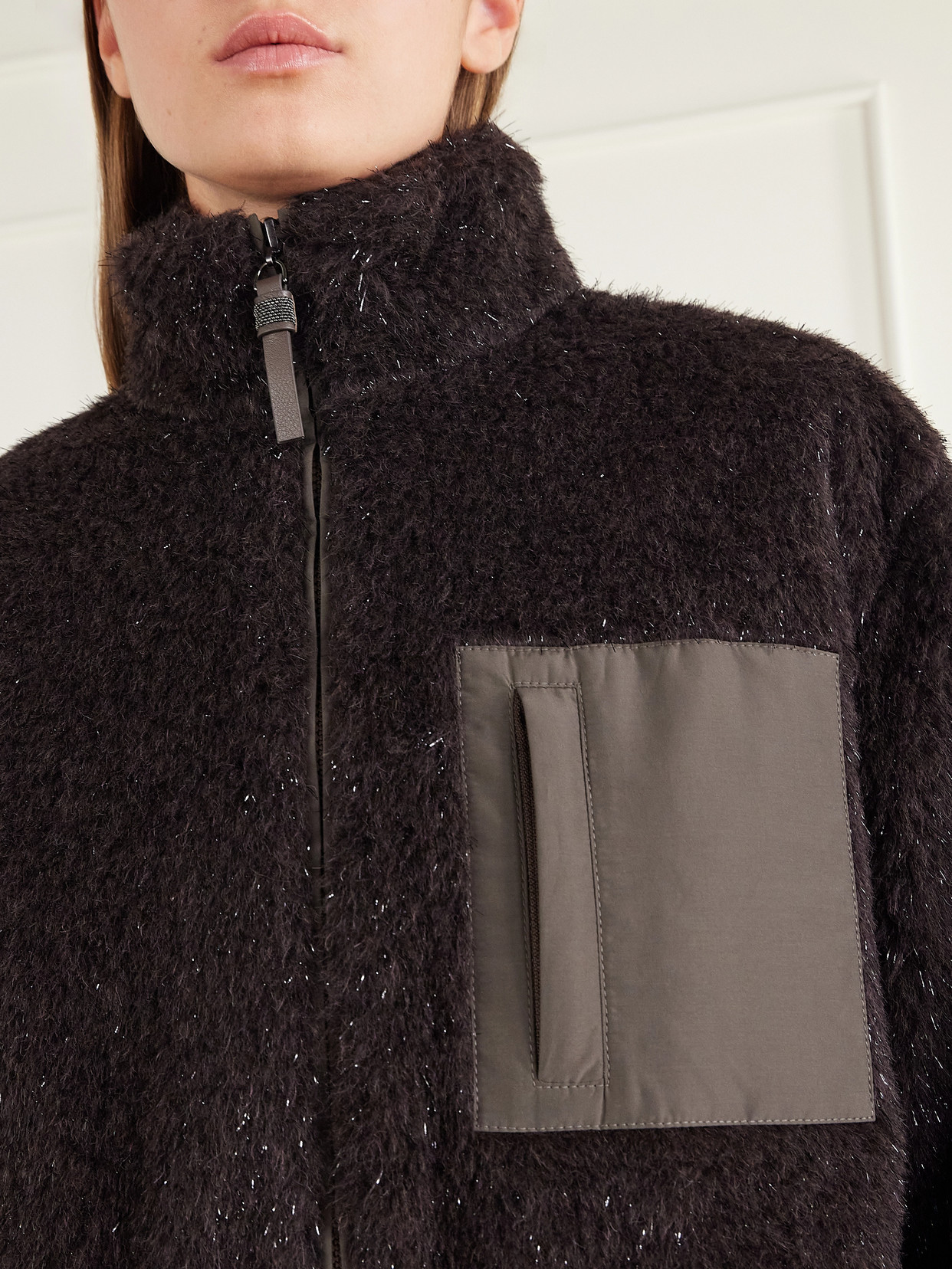 Bead-Embellished Cropped Padded Leather And Shell-Trimmed Plush Jacket