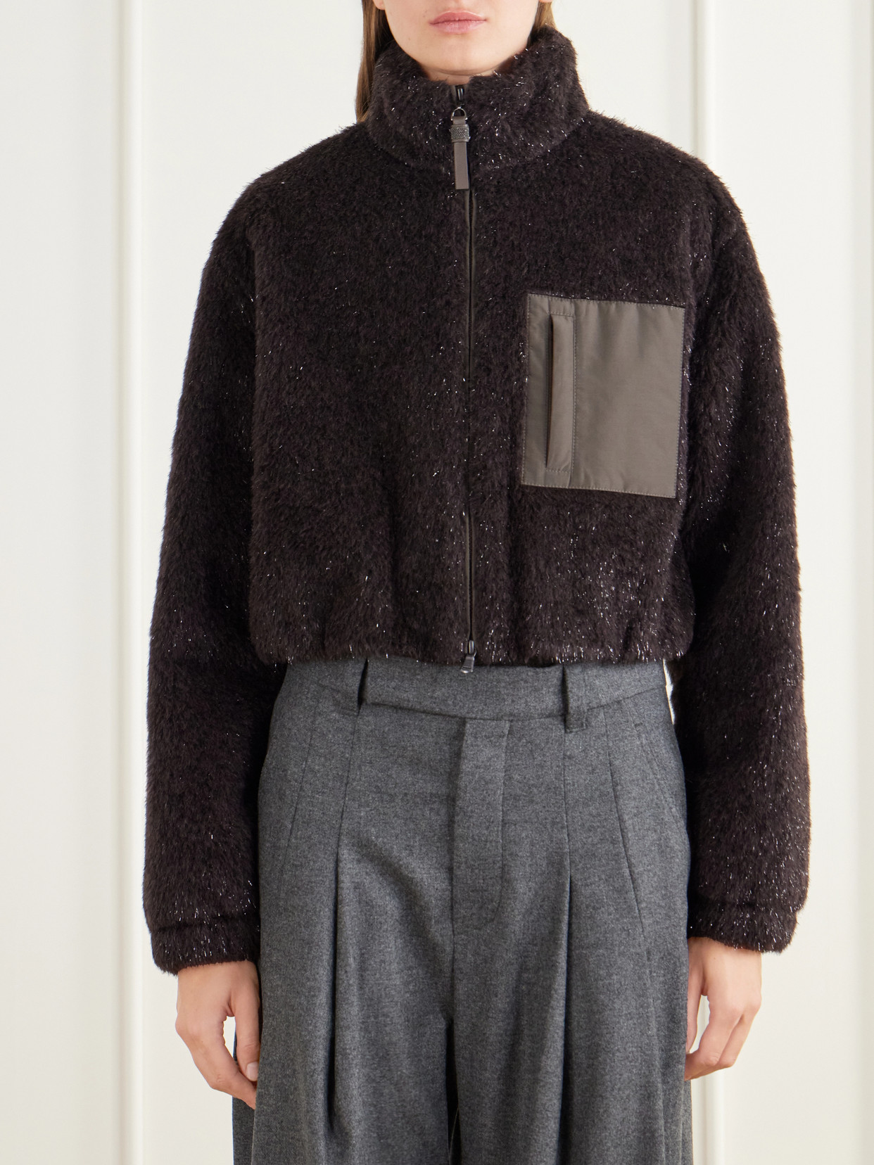 Bead-Embellished Cropped Padded Leather And Shell-Trimmed Plush Jacket