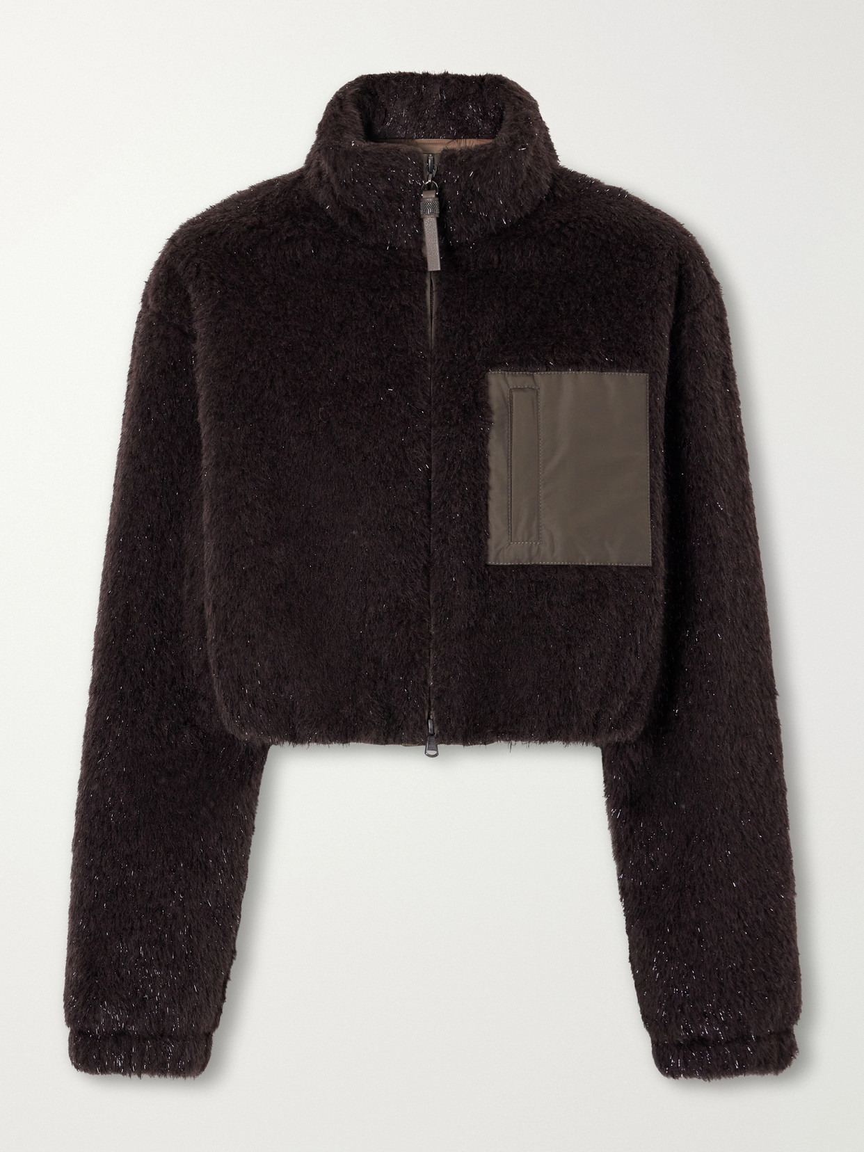 Bead-Embellished Cropped Padded Leather And Shell-Trimmed Plush Jacket