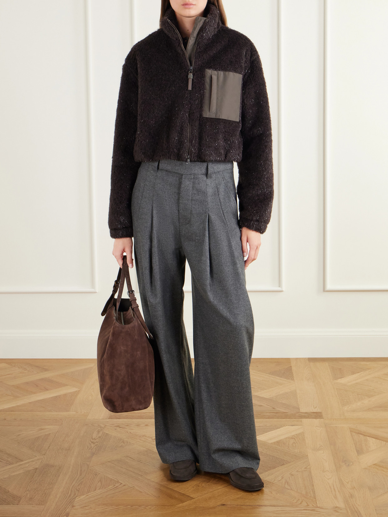 Bead-Embellished Cropped Padded Leather And Shell-Trimmed Plush Jacket