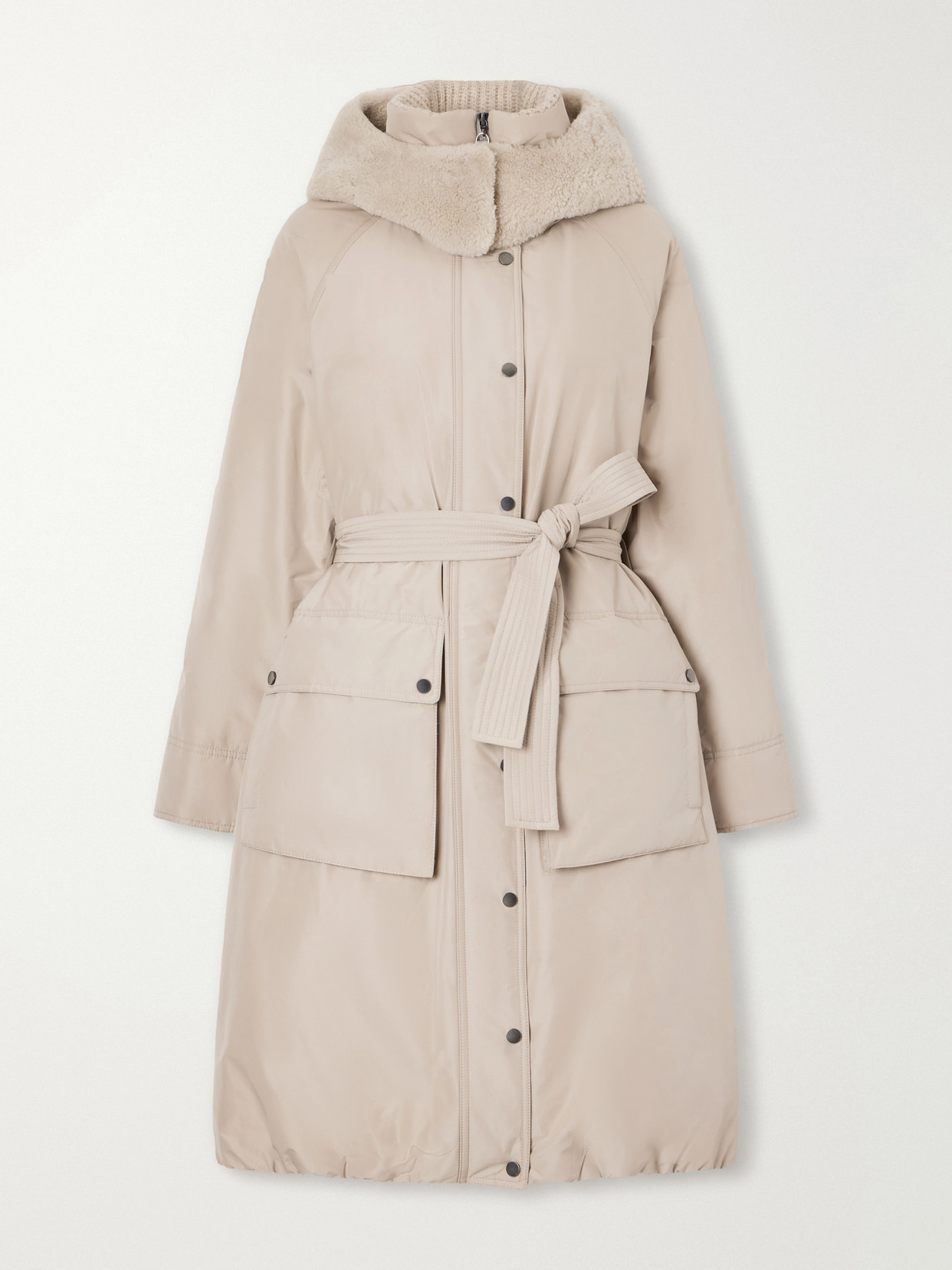 Brunello Cucinelli Hooded Belted Plush-trimmed Cotton-blend Shell Down Coat In Neutral