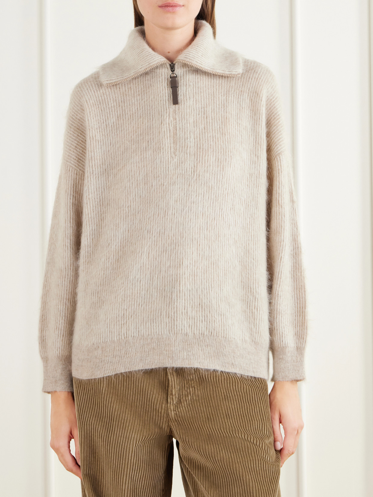 Brushed Mohair-Blend Half-Zip Sweater