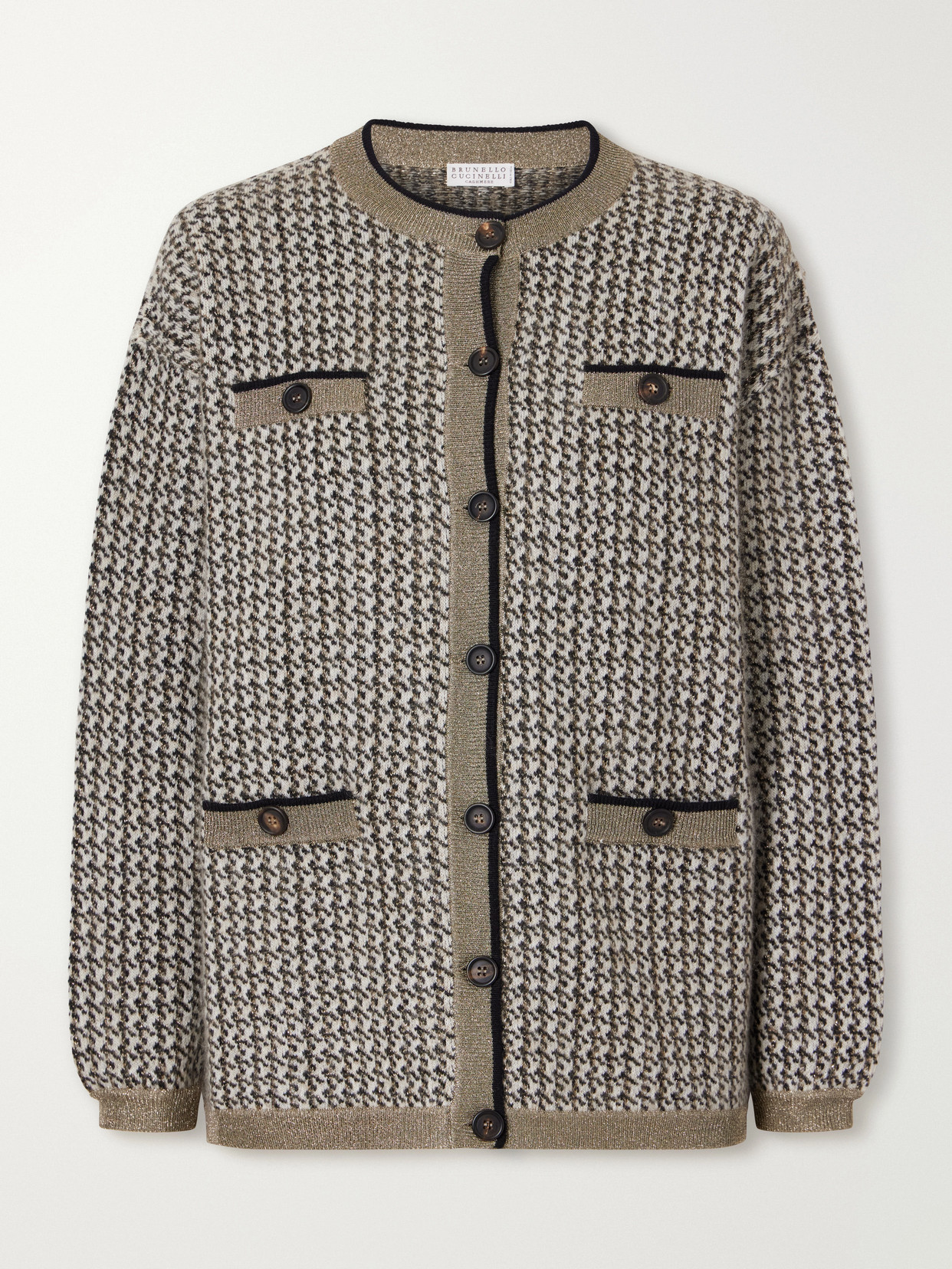 Brunello Cucinelli Rib-trimmed Houndstooth Knitted Cardigan In Multi