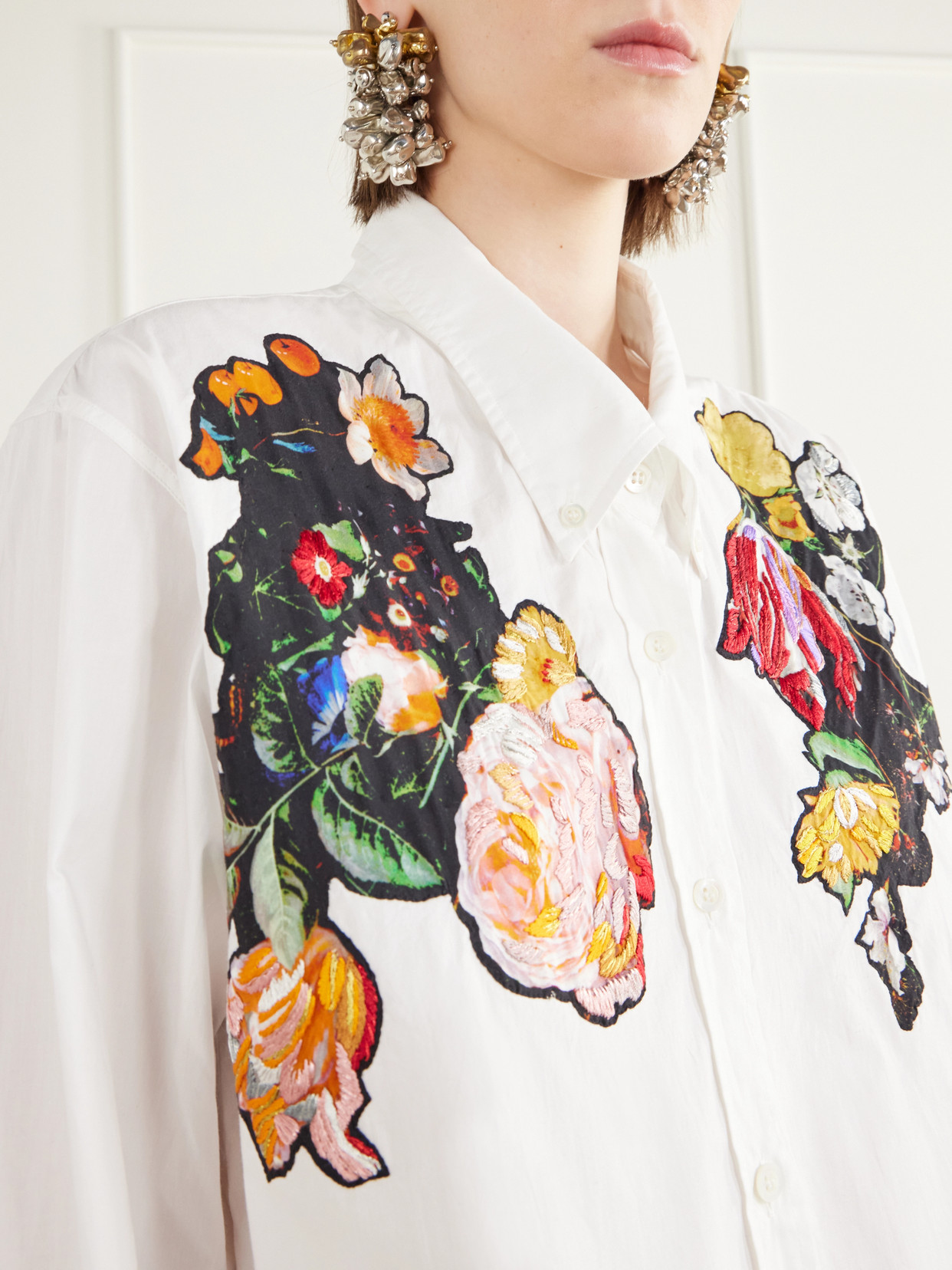 Floral-Embroidered Cotton-Poplin Shirt