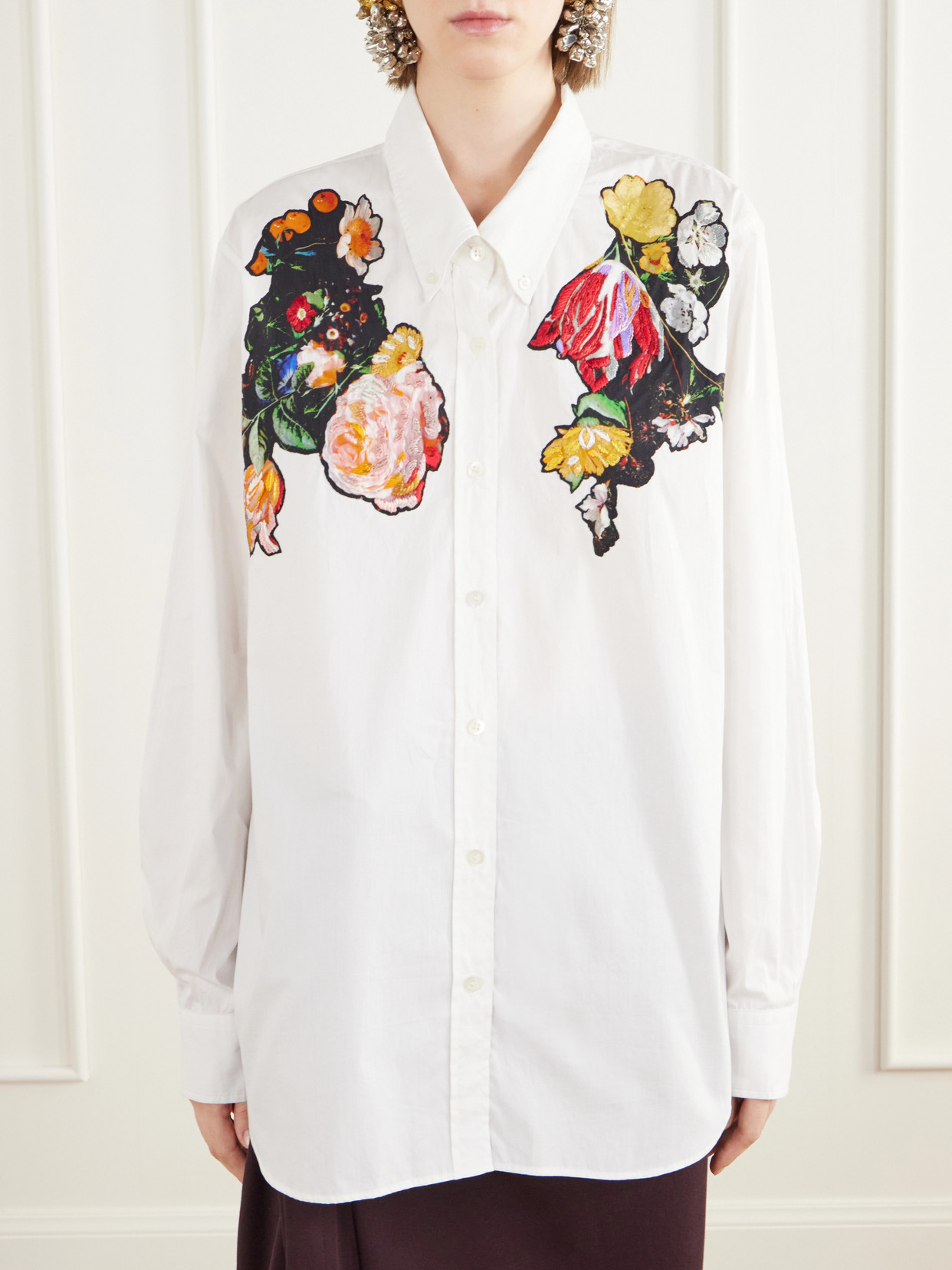 Floral-Embroidered Cotton-Poplin Shirt
