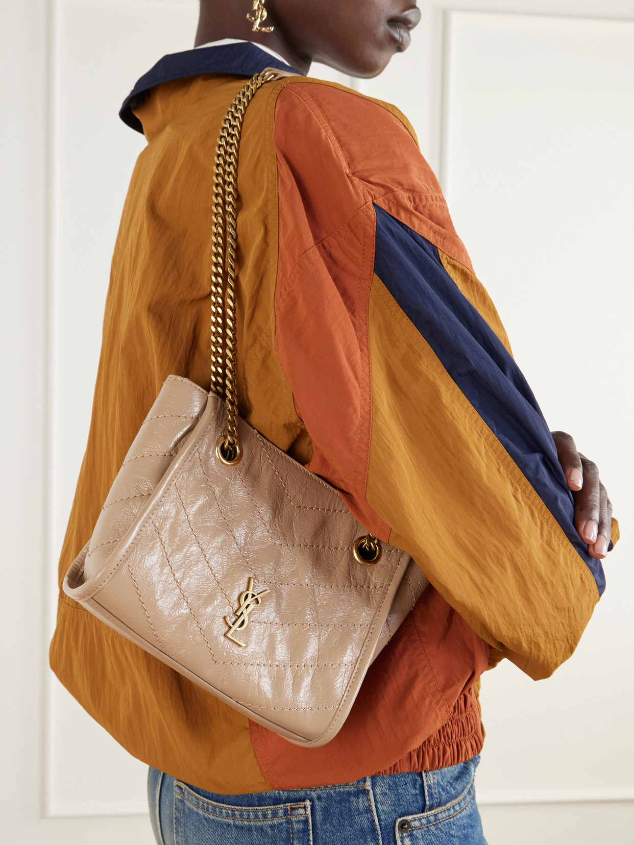 Niki Cassandre-Embellished Matelassé Crinkled-Leather Shoulder Bag