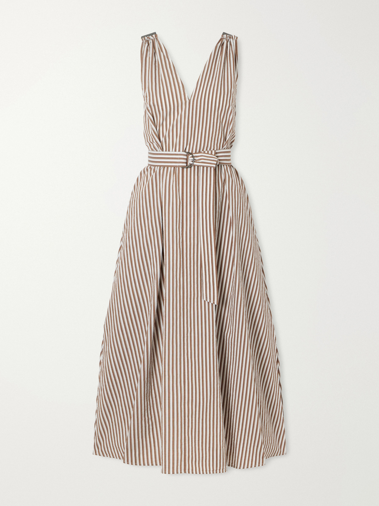 Brunello Cucinelli Belted Striped Cotton-blend Seersucker Midi Dress In Brown