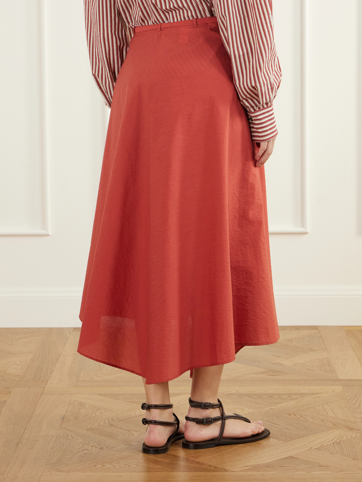 Wrap-Effect Ruffled Asymmetric Cotton-Blend Poplin Midi