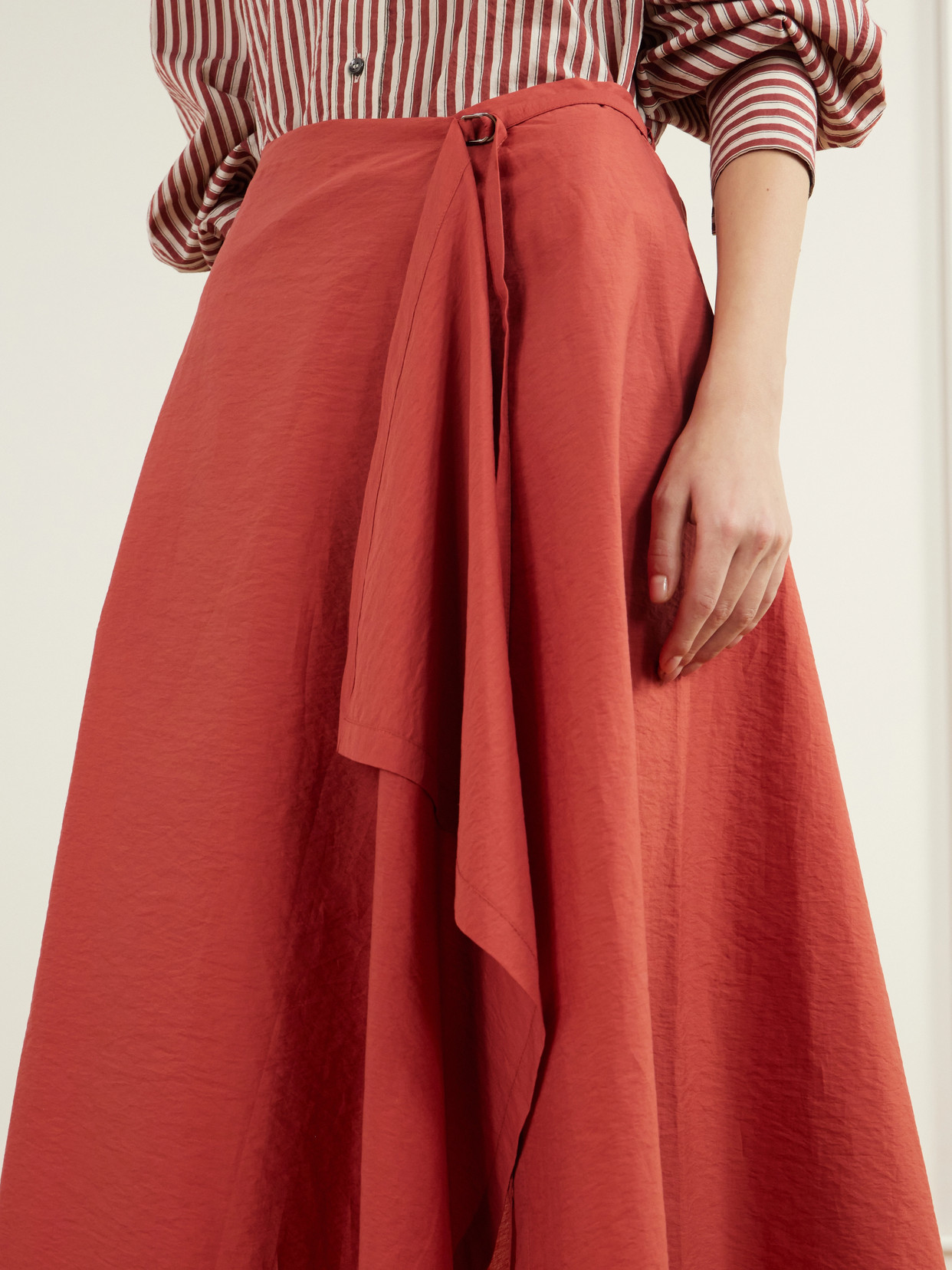 Wrap-Effect Ruffled Asymmetric Cotton-Blend Poplin Midi
