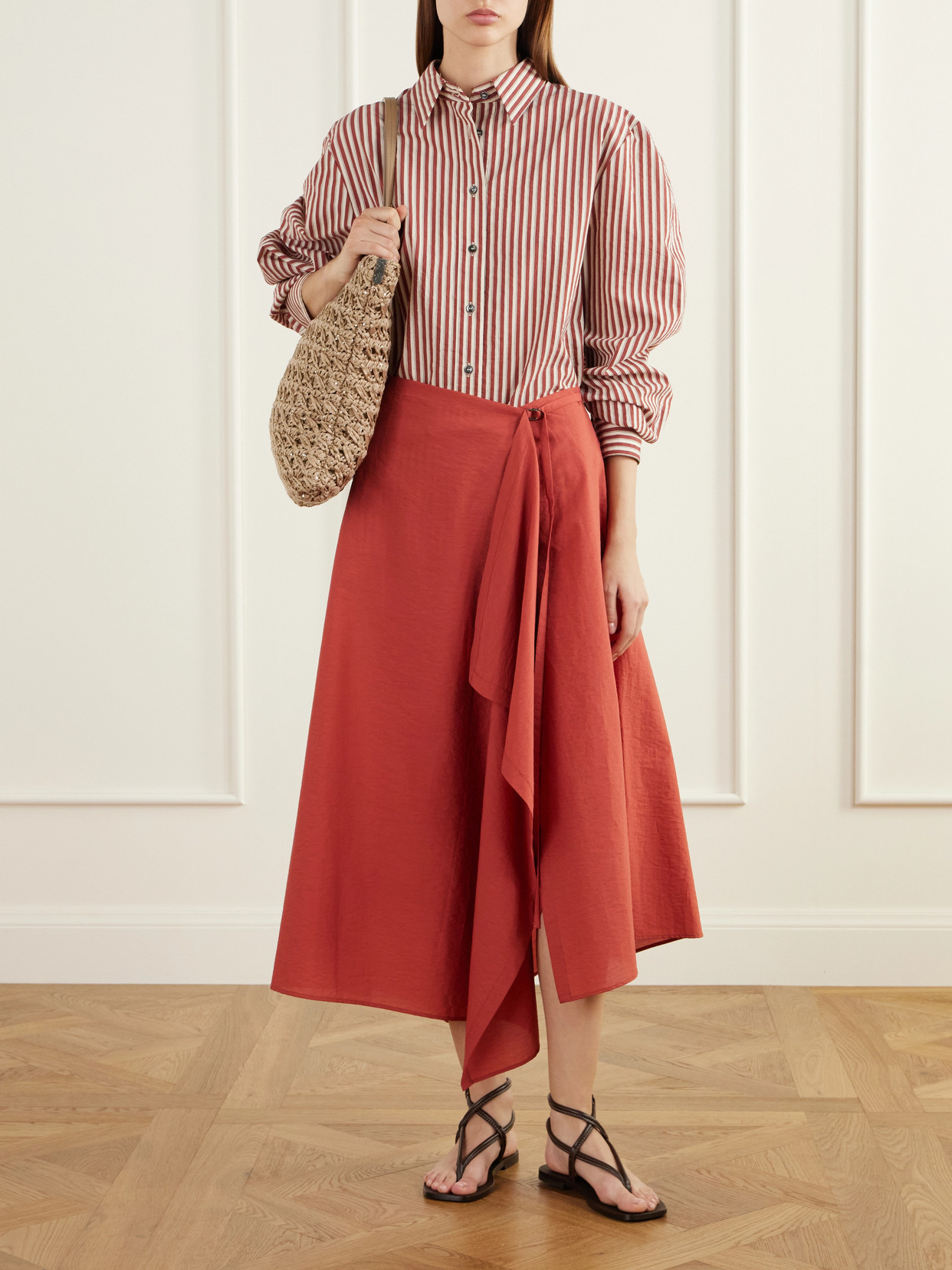 Wrap-Effect Ruffled Asymmetric Cotton-Blend Poplin Midi