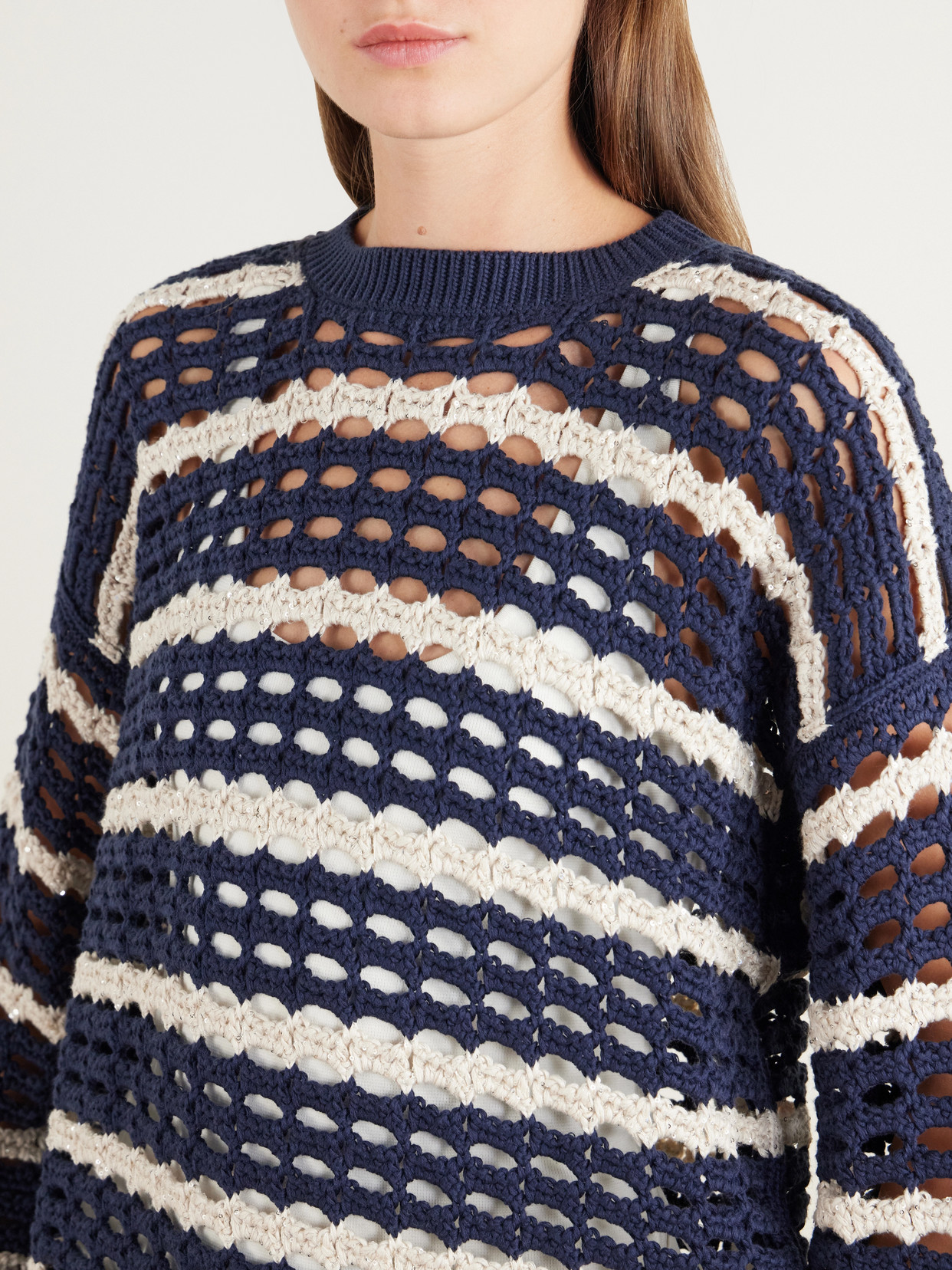 Striped Open-Knit Cotton Sweater