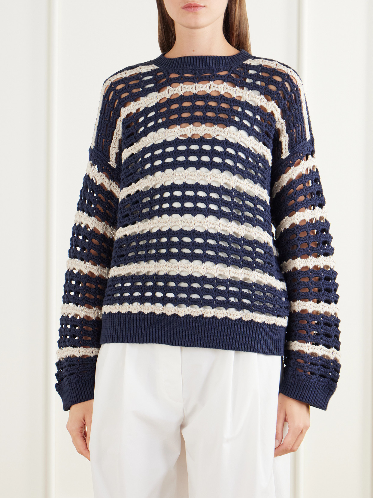 Striped Open-Knit Cotton Sweater