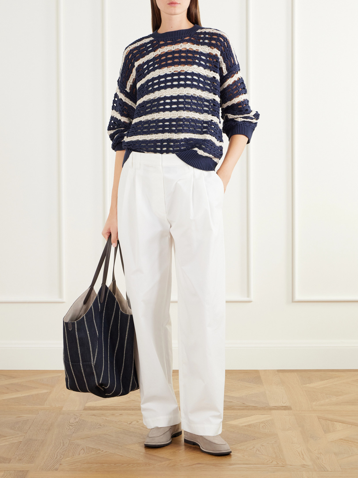 Striped Open-Knit Cotton Sweater