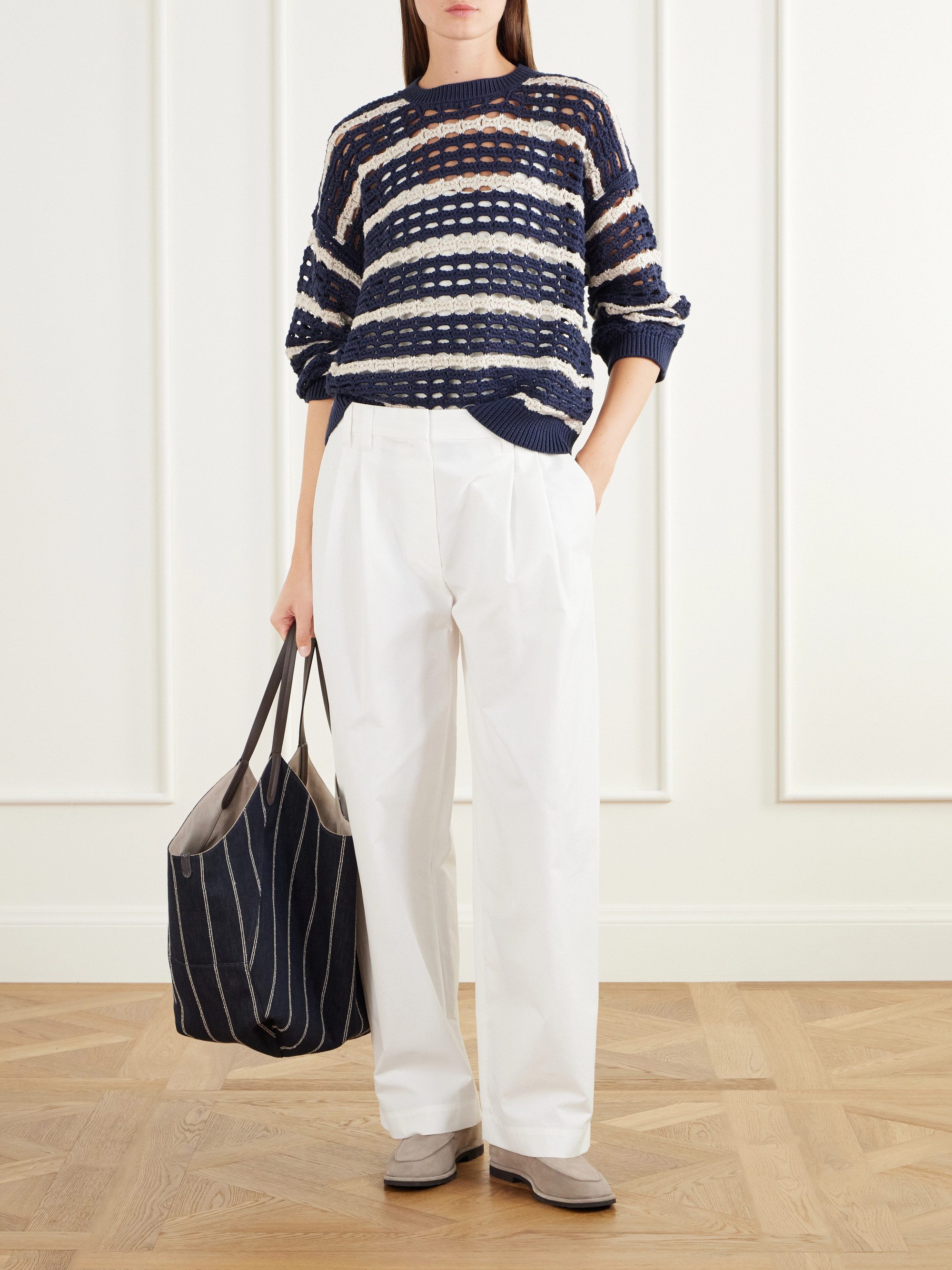 Brunello Cucinelli Striped open-knit cotton sweater