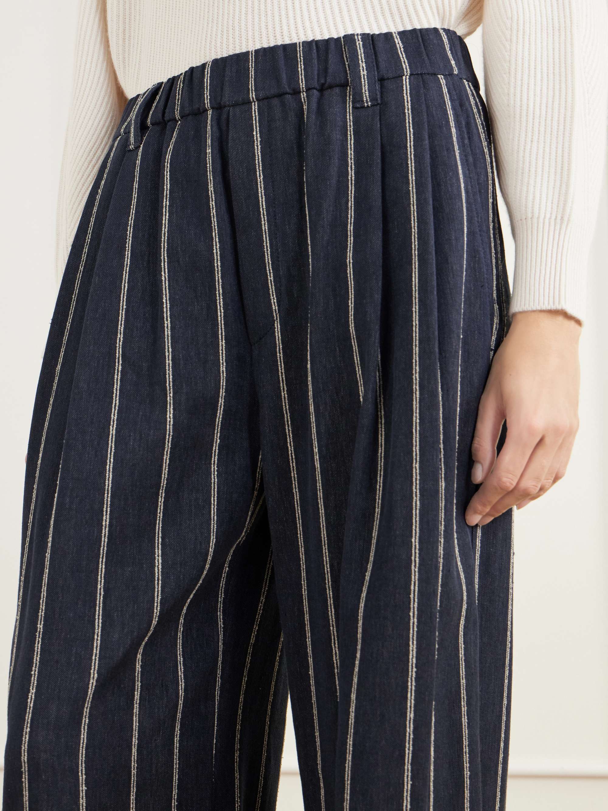 BRUNELLO CUCINELLI Pleated pinstriped cotton-blend twill wide-leg