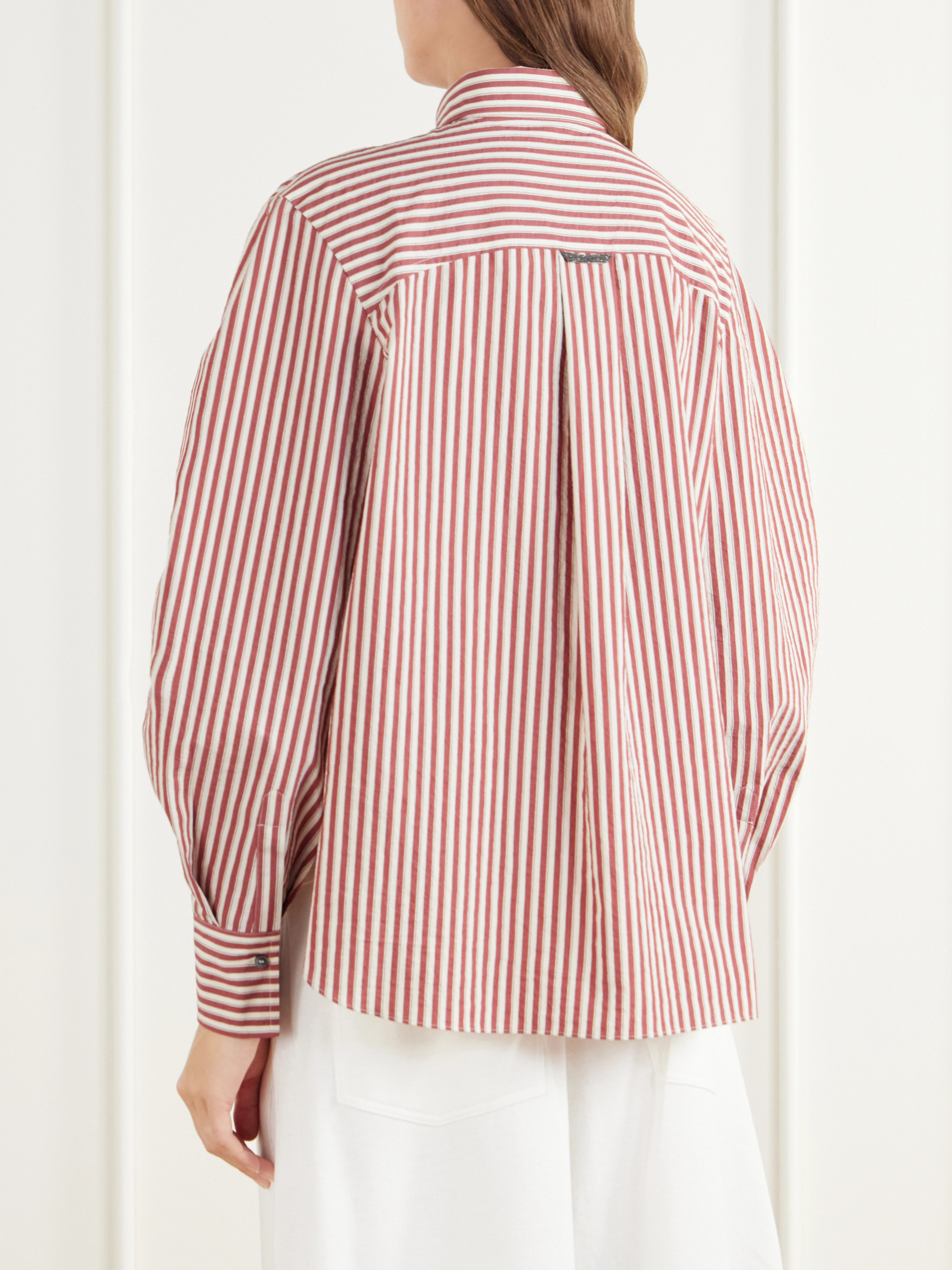 Brunello Cucinelli Bead-embellished striped cotton-blend poplin shirt