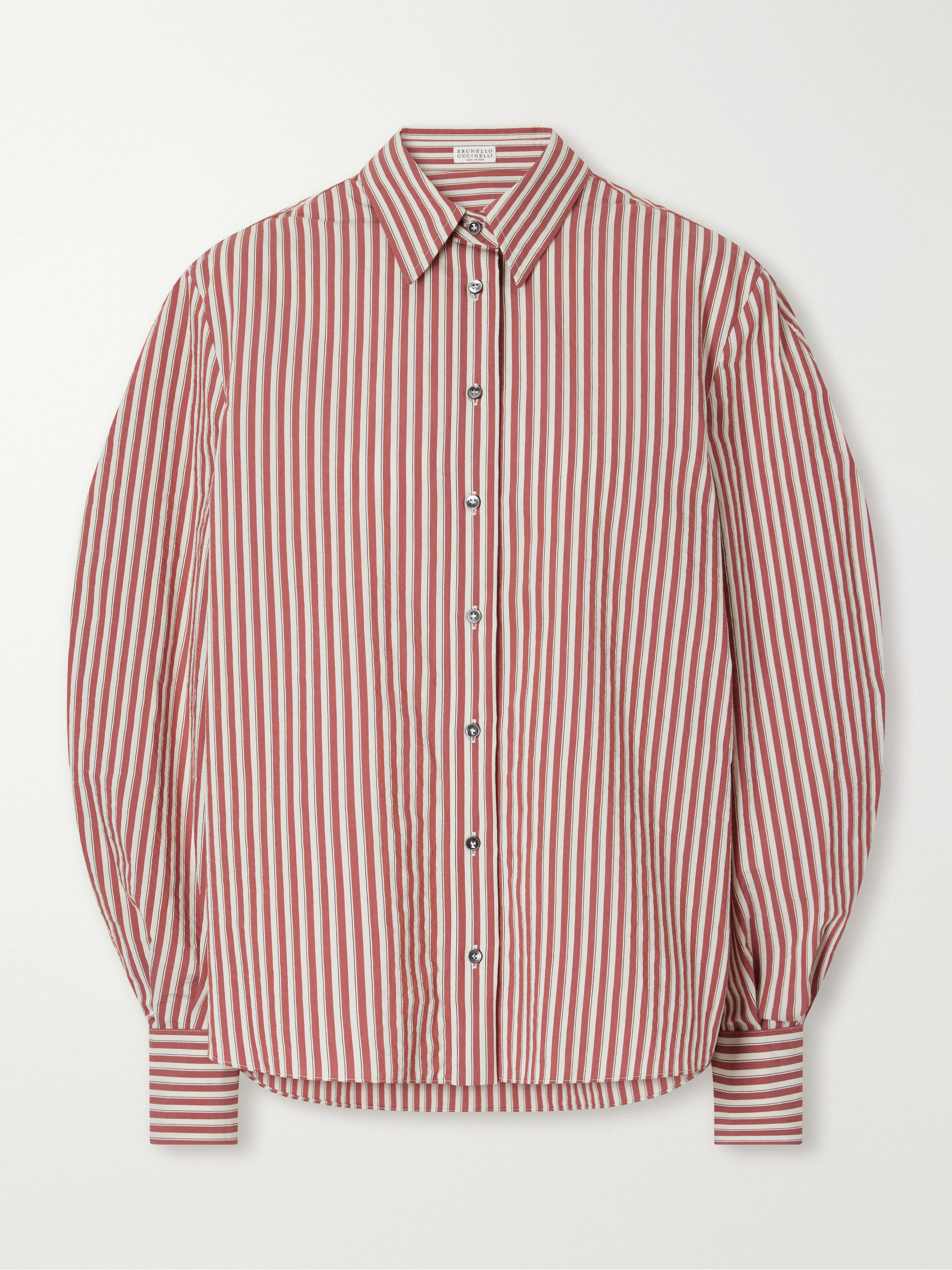 Brunello Cucinelli Bead-embellished striped cotton-blend poplin shirt