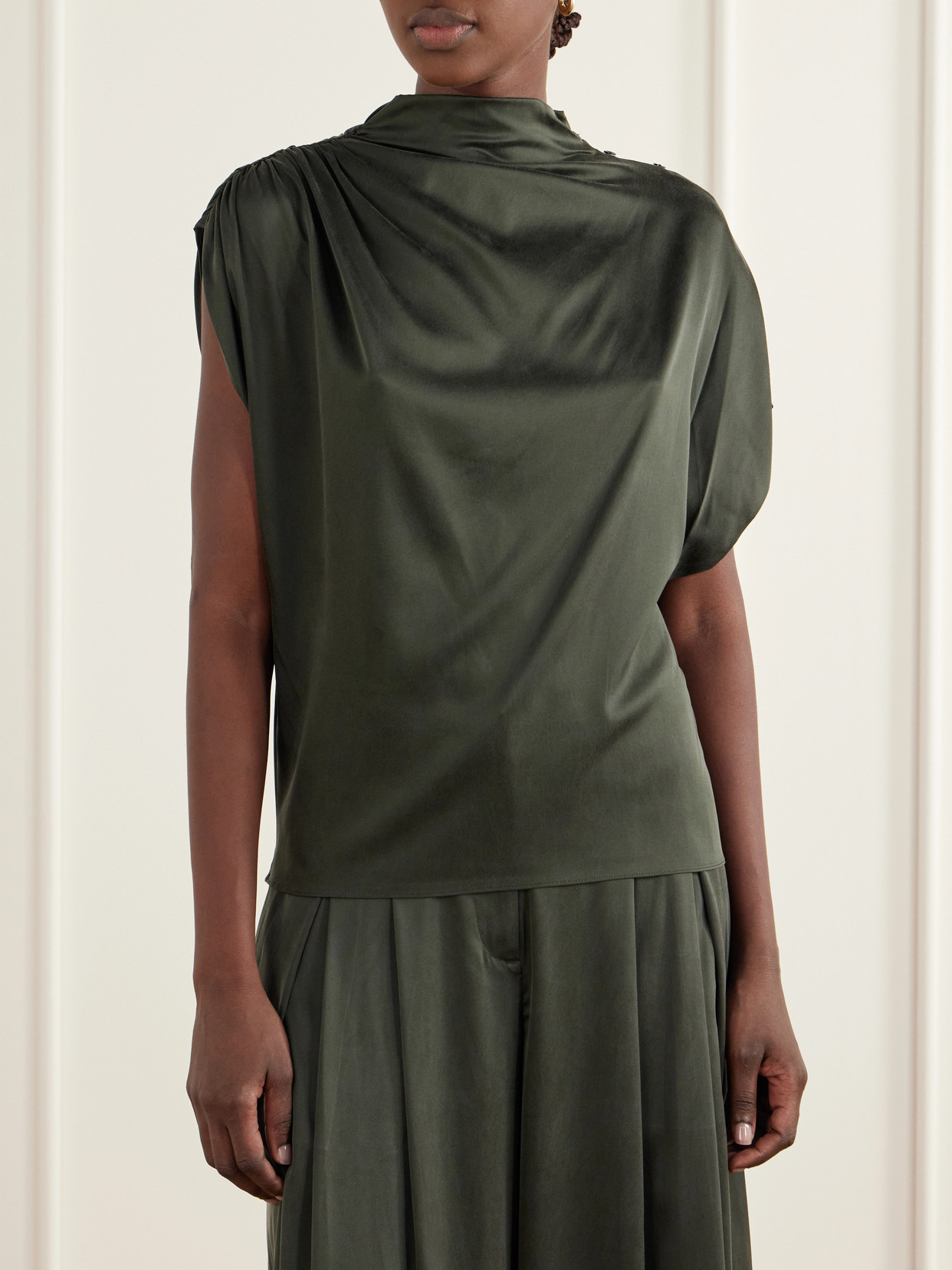 Wish You Would Asymmetric Gathered Silk-Blend Charmeuse Blouse