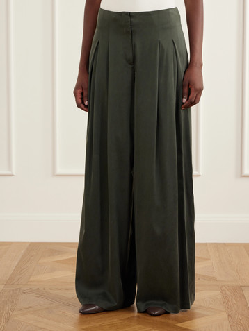 TWP Drew pleated silk-blend charmeuse mid-rise wide-leg pants