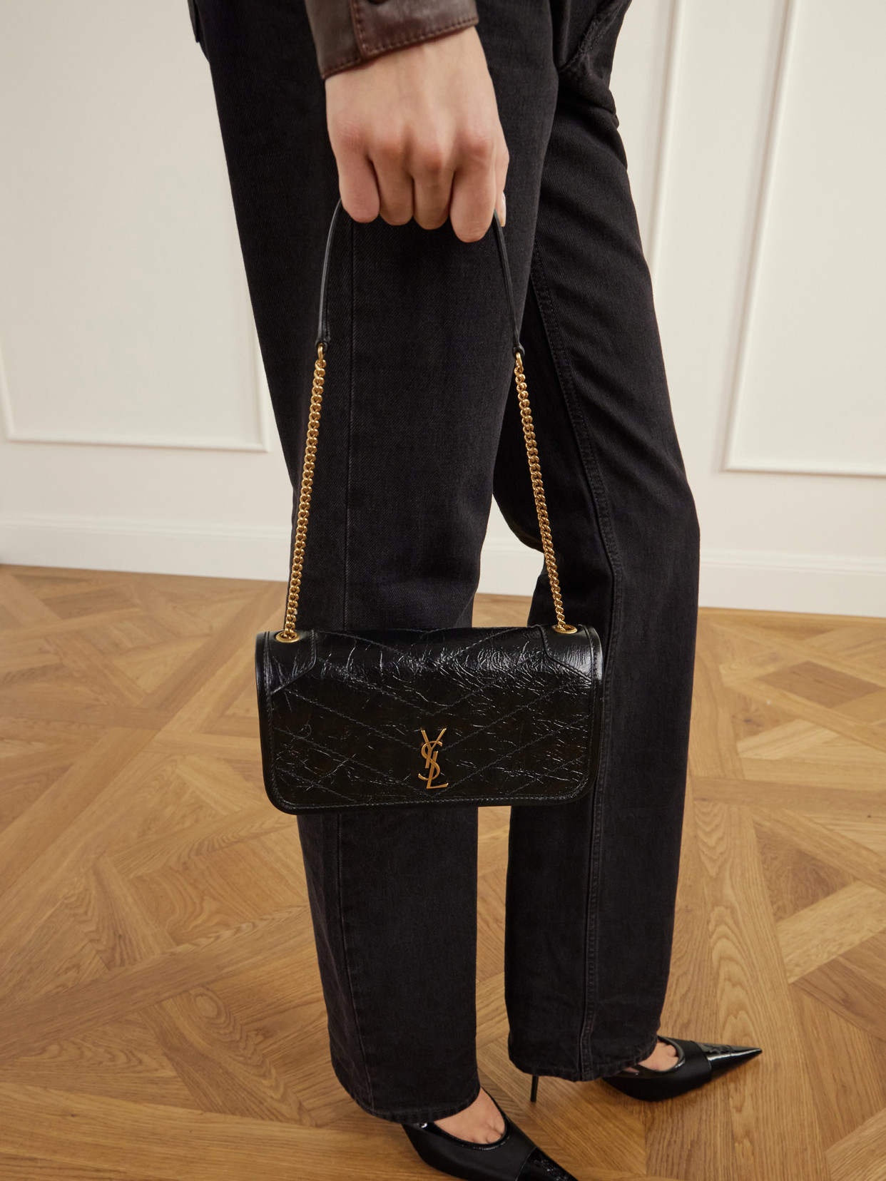 Niki Embellished Matelassé Crinkled-Leather Shoulder Bag