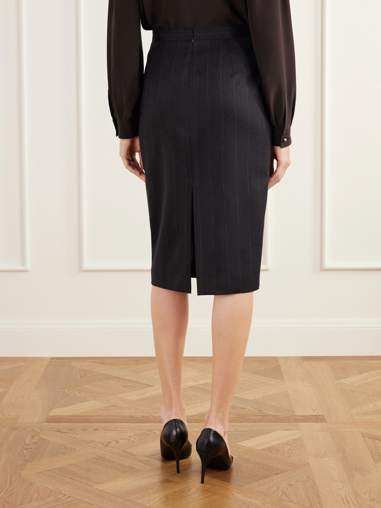 Horsebit-Embellished Pinstriped Herringbone Wool Knee-Length Skirt