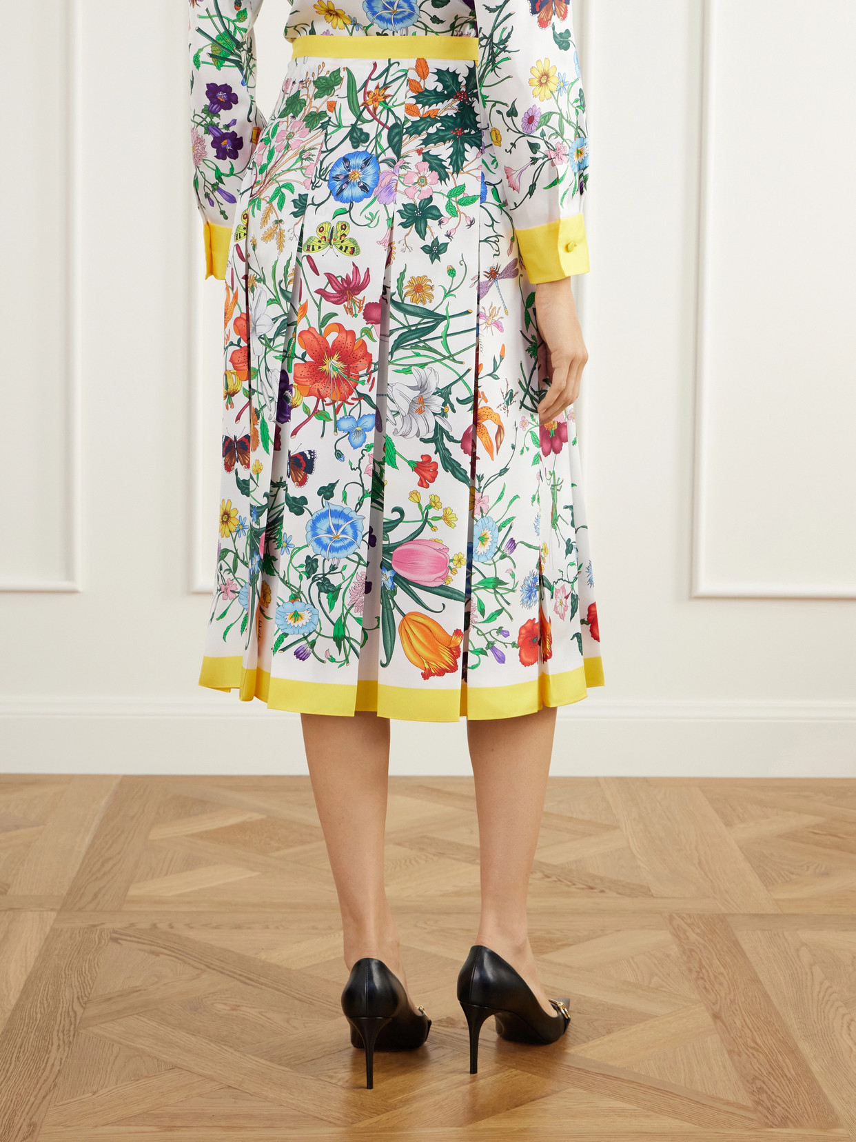 Pleated Floral-Print Silk-Twill Midi