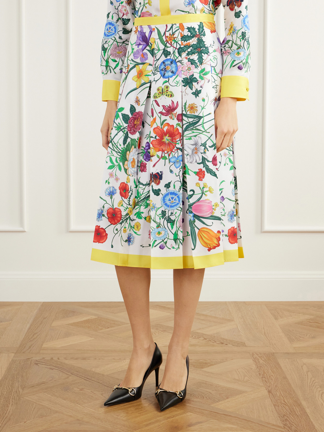 Pleated Floral-Print Silk-Twill Midi