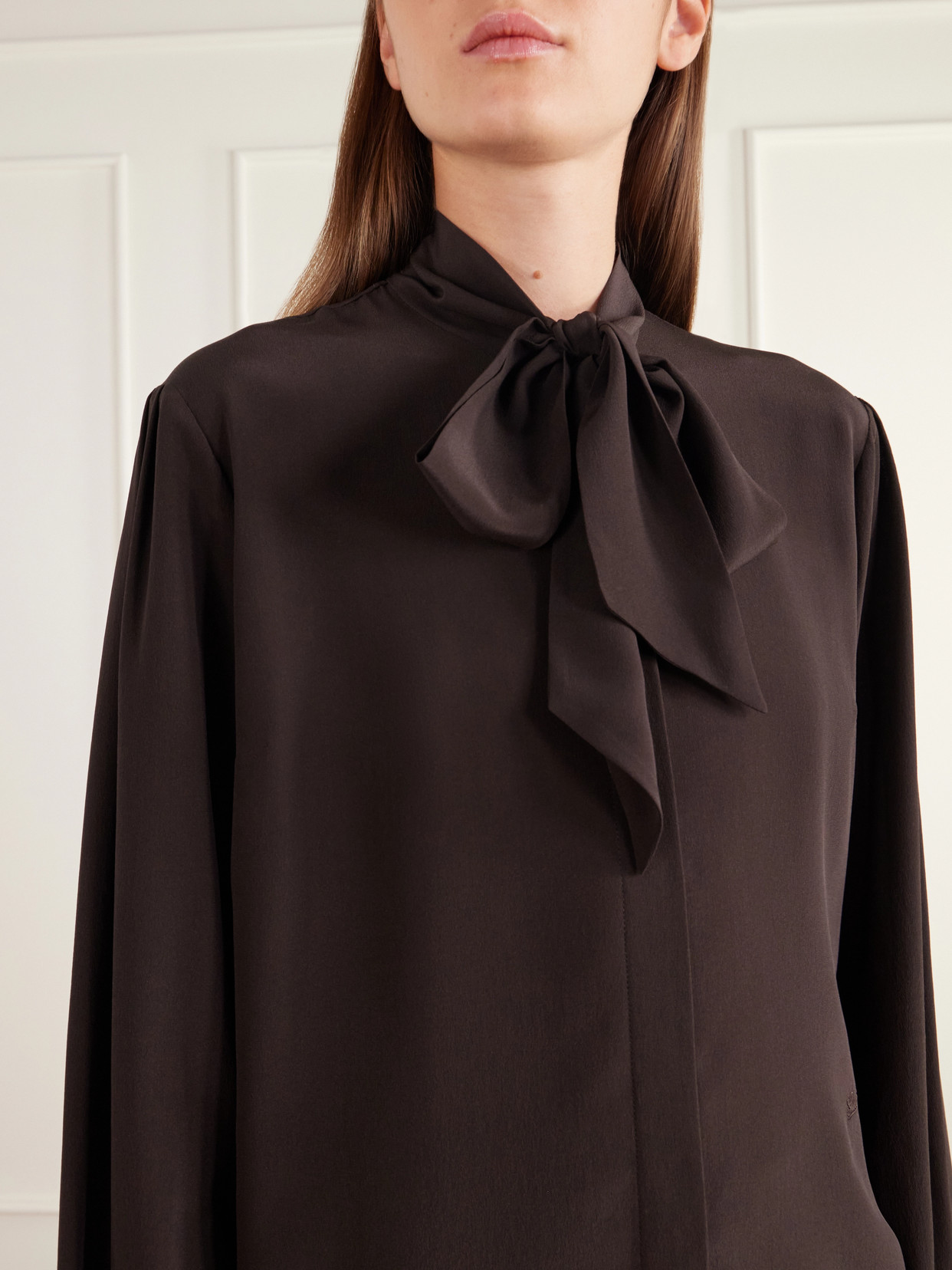 Pussy-Bow Silk-Crepe Shirt