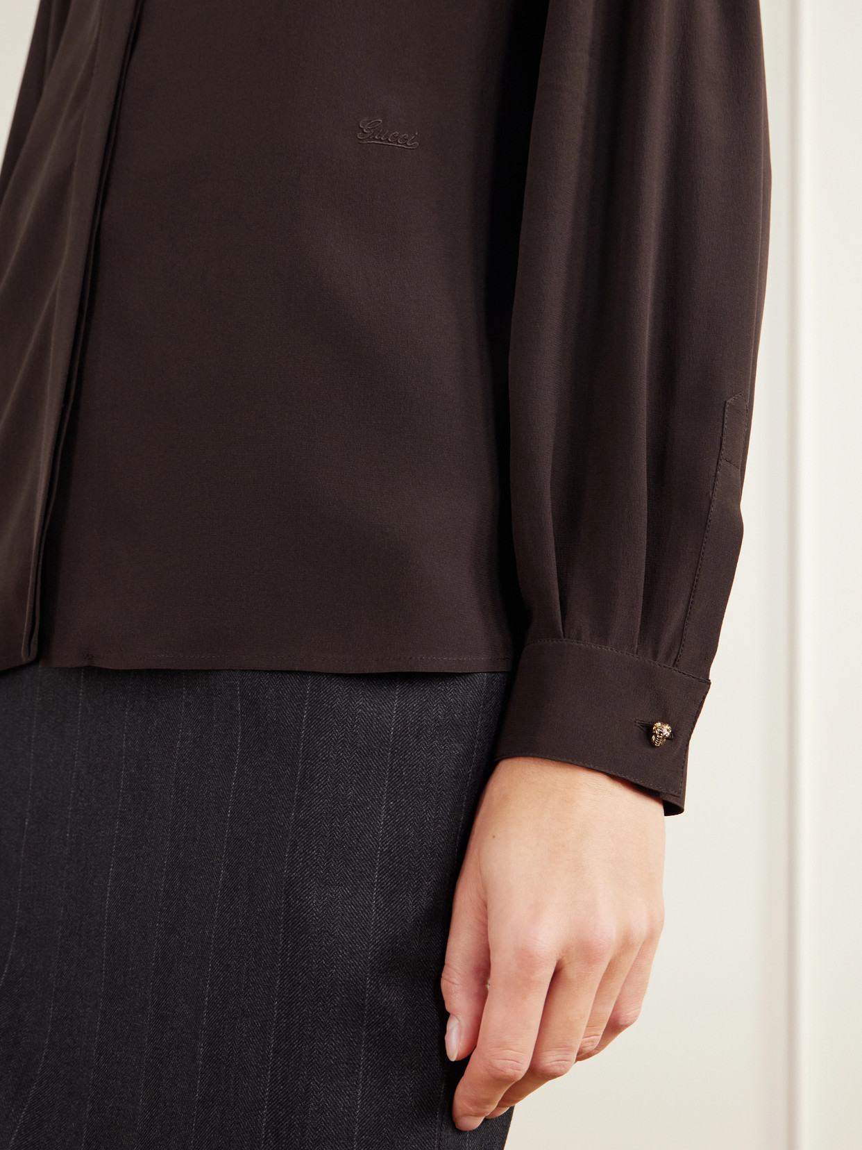 Pussy-Bow Silk-Crepe Shirt