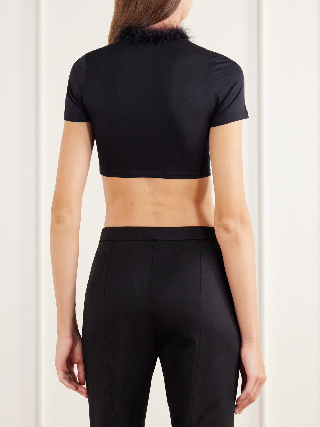 Feather-Trimmed Cropped Stretch-Jersey Top