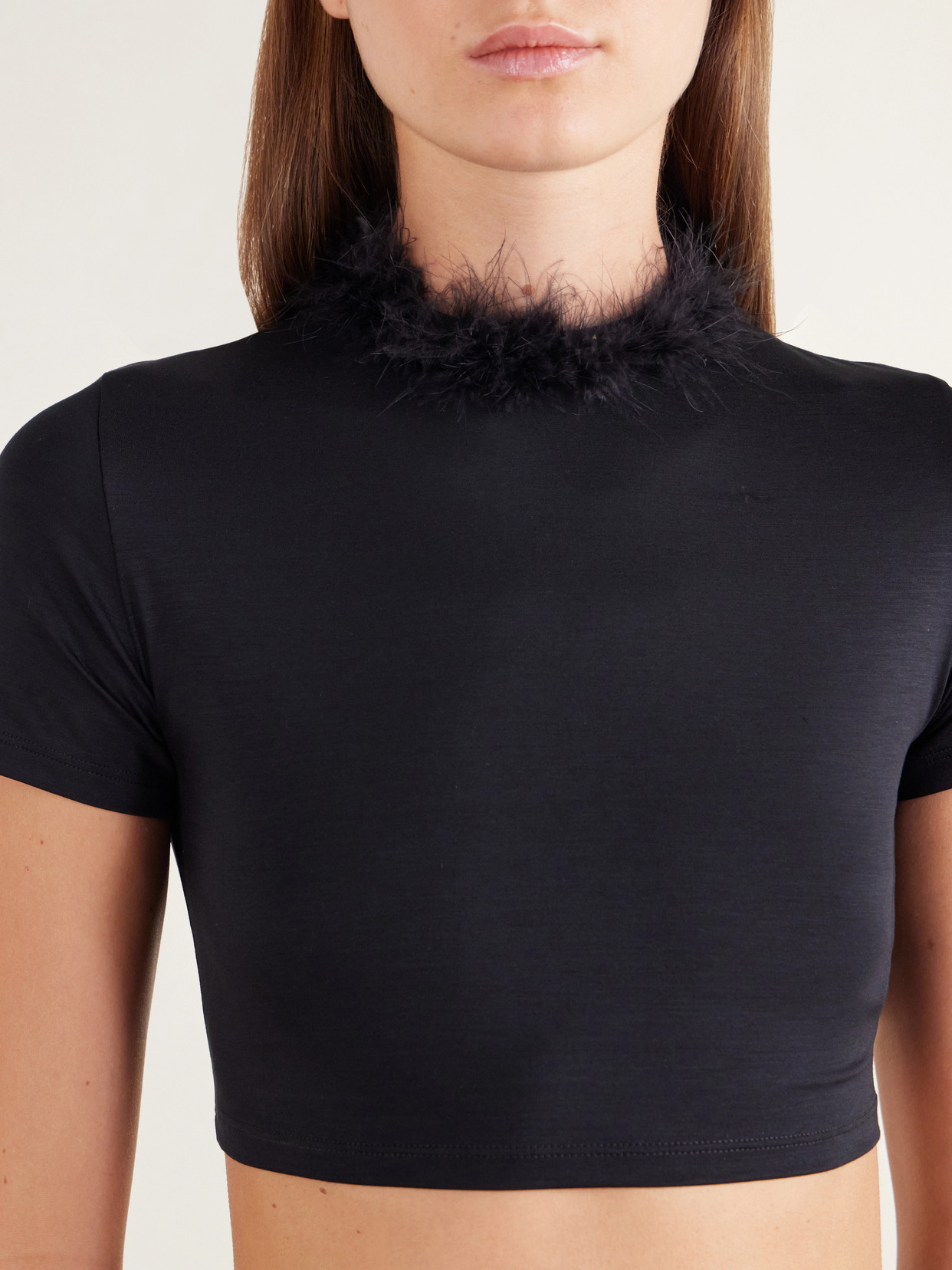 Feather-Trimmed Cropped Stretch-Jersey Top